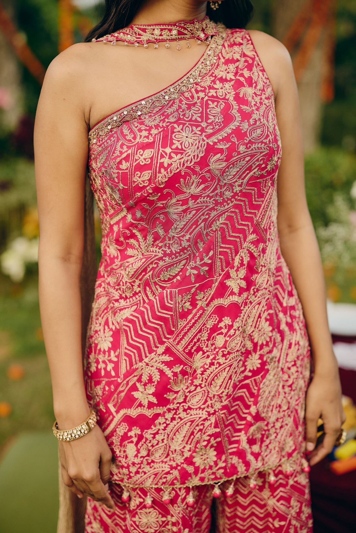 Hot Pink Embroidered Georgette Silk Palazzo Set