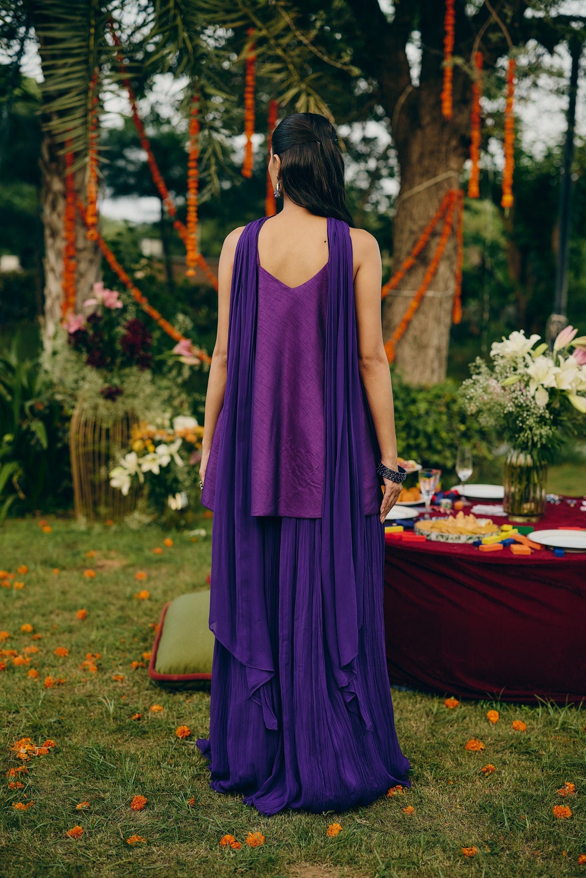 Deep Purple Embellished Georgette Silk Palazzo Set