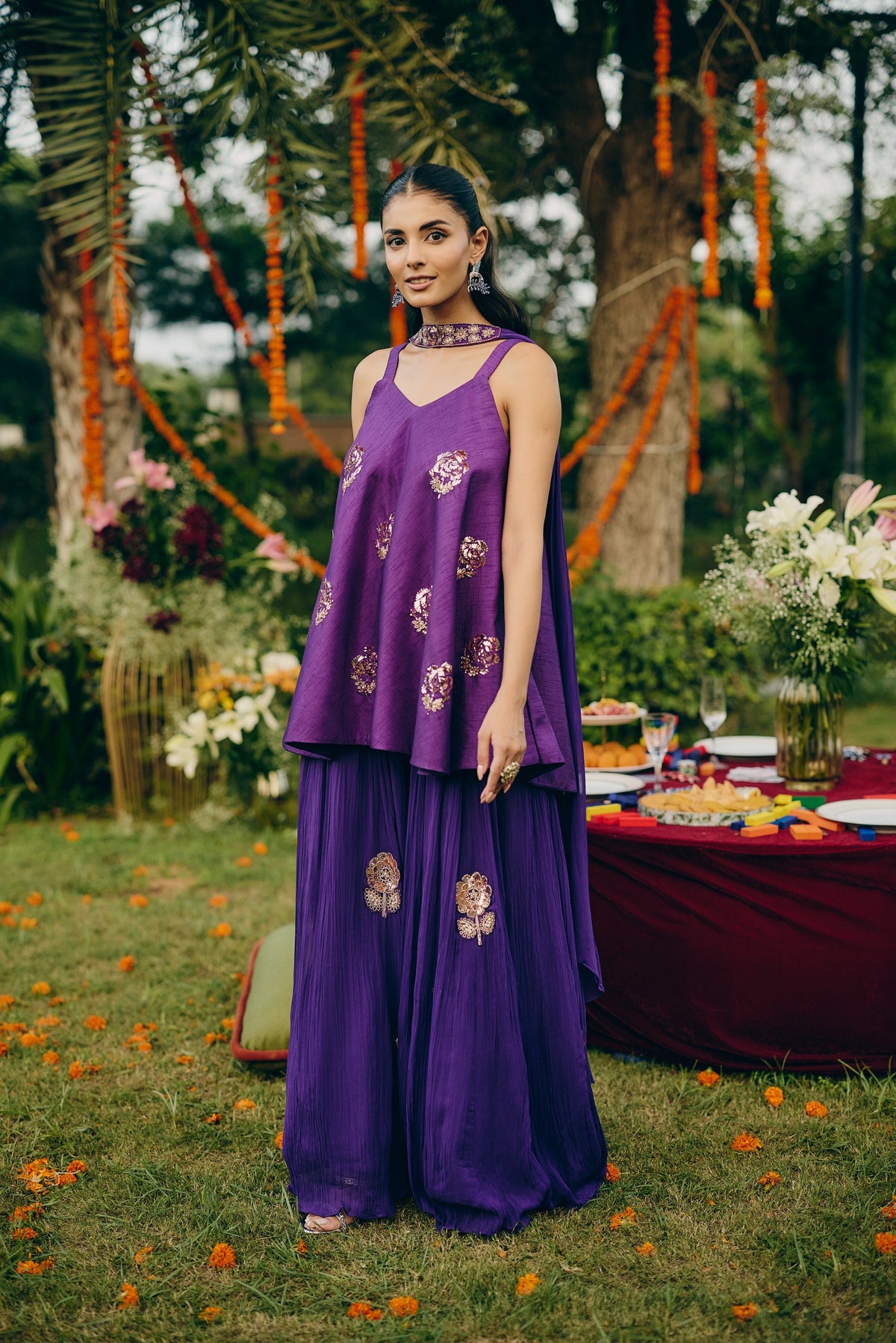 Deep Purple Embellished Georgette Silk Palazzo Set