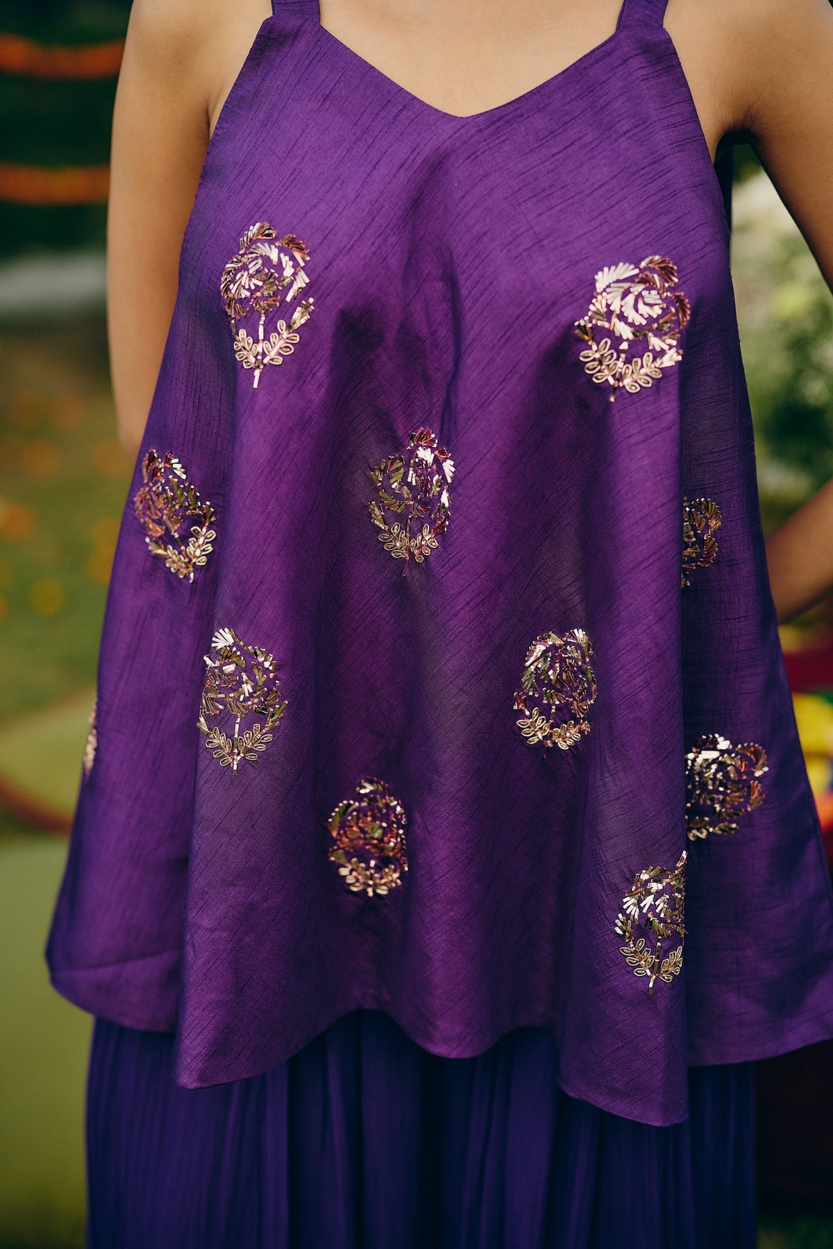 Deep Purple Embellished Georgette Silk Palazzo Set