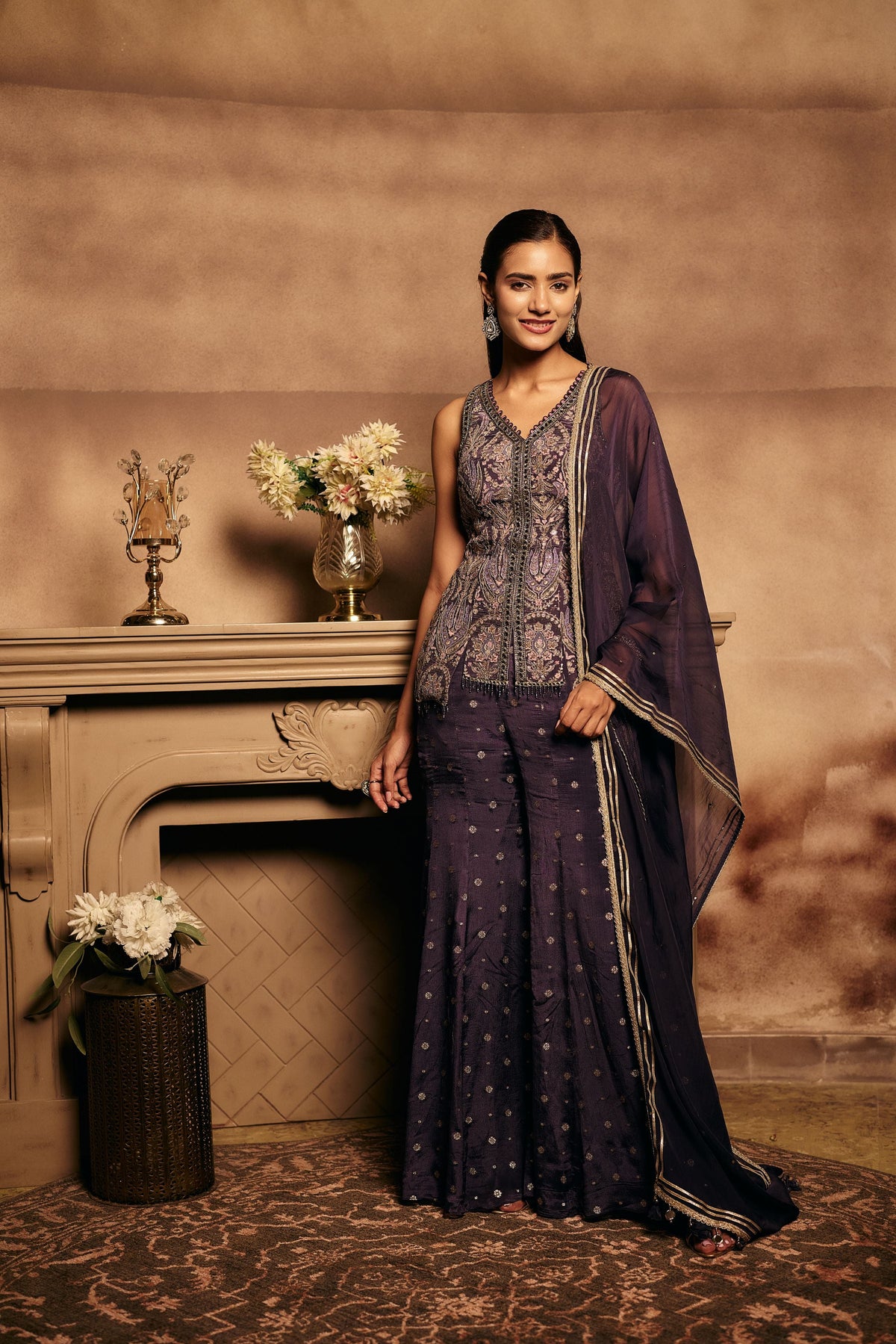 Frosted Purple Embellished Crepe Silk Palazzo Set