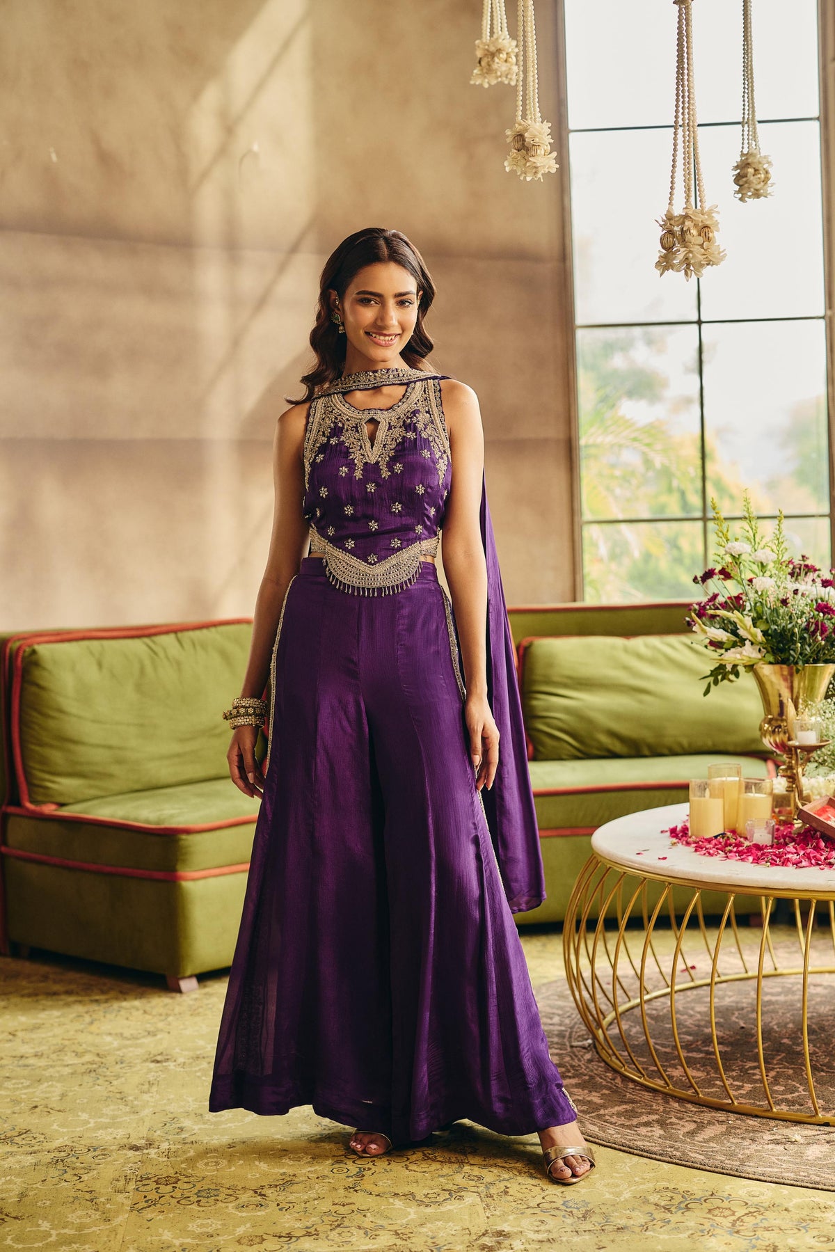 Royal Violet Embellished Crepe Silk Palazzo Set