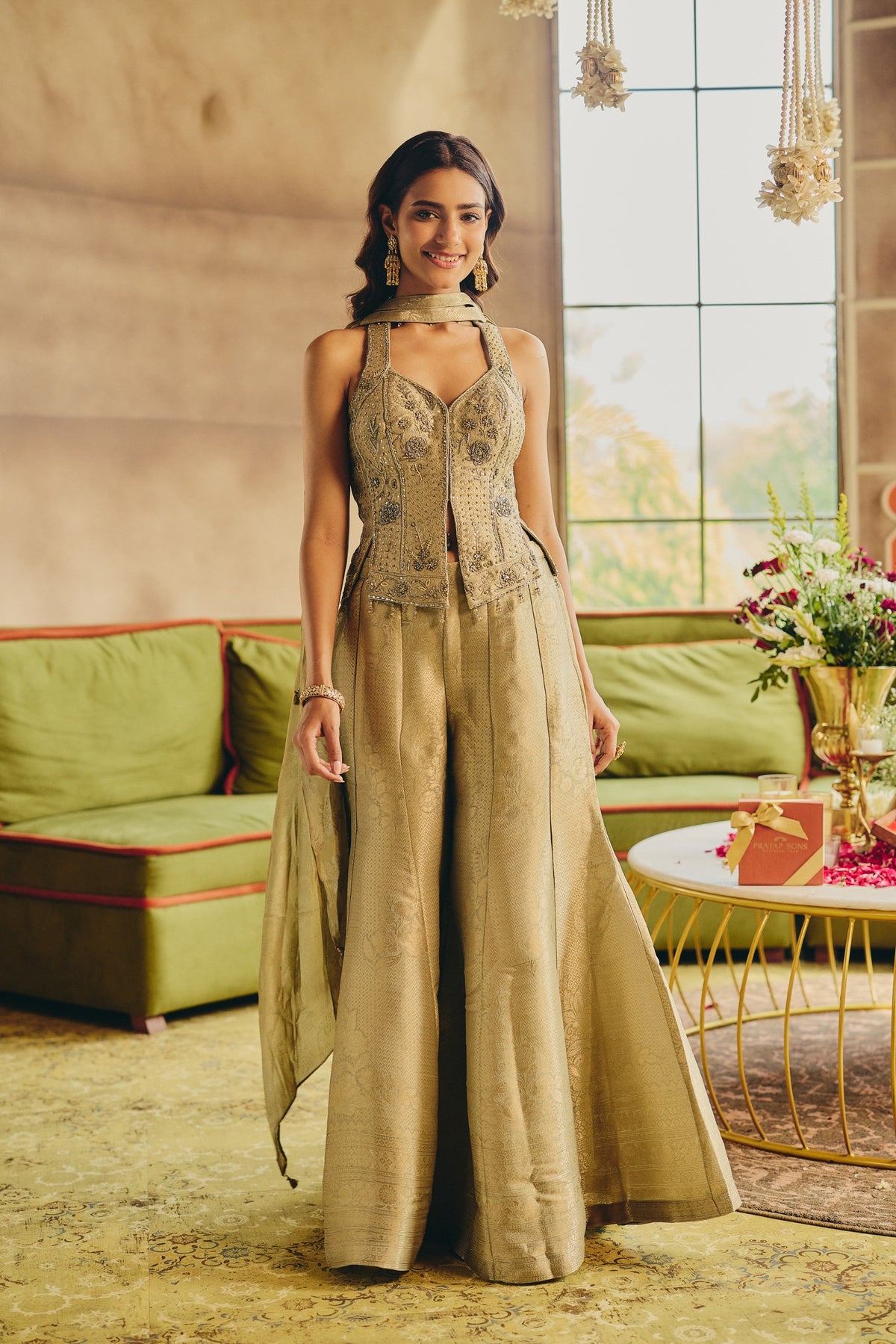 Pastel Olive Embellished Banarasi Silk Palazzo Set