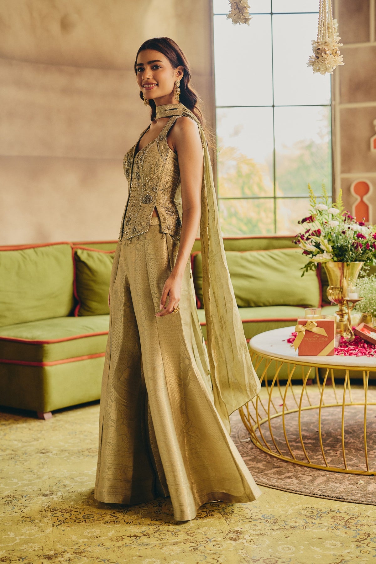 Pastel Olive Embellished Banarasi Silk Palazzo Set