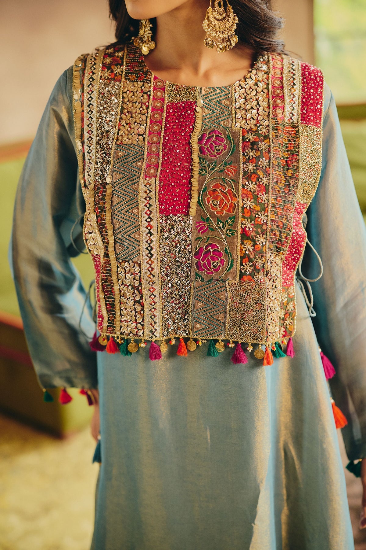Ice Blue Embellished Shimmer Tissue Silk Pant Set