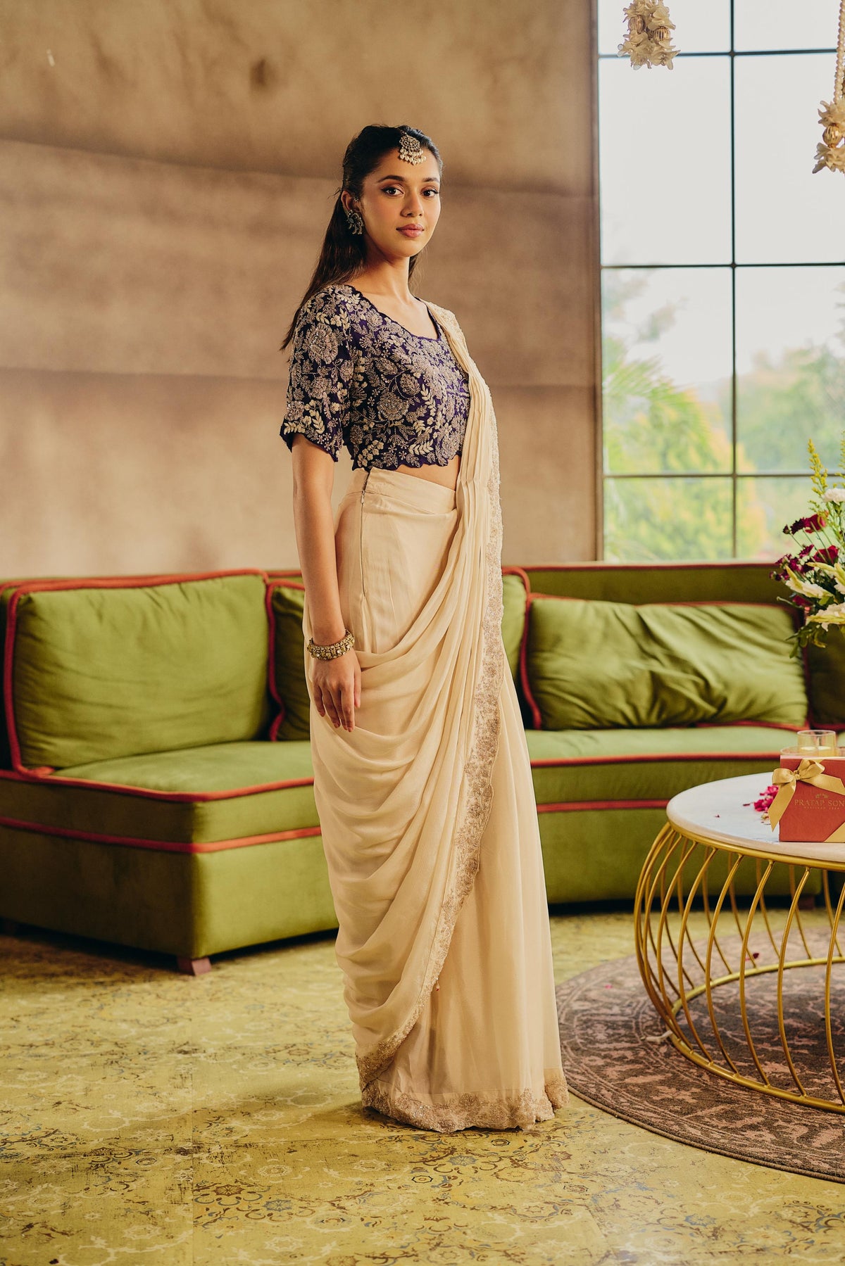 Cream Ivory & Royal Purple Embellished Chinon Silk Saree
