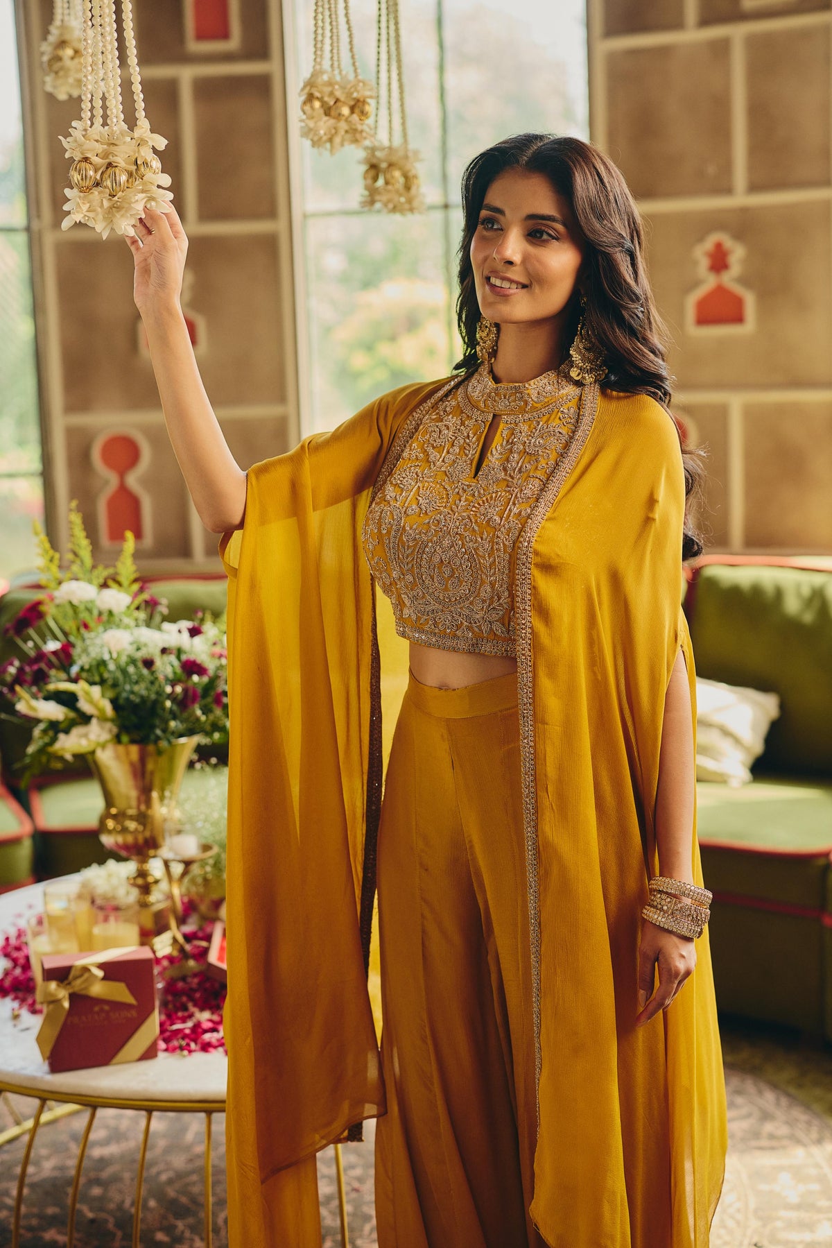 Mustard Yellow Embellished Chinon Silk Palazzo Set