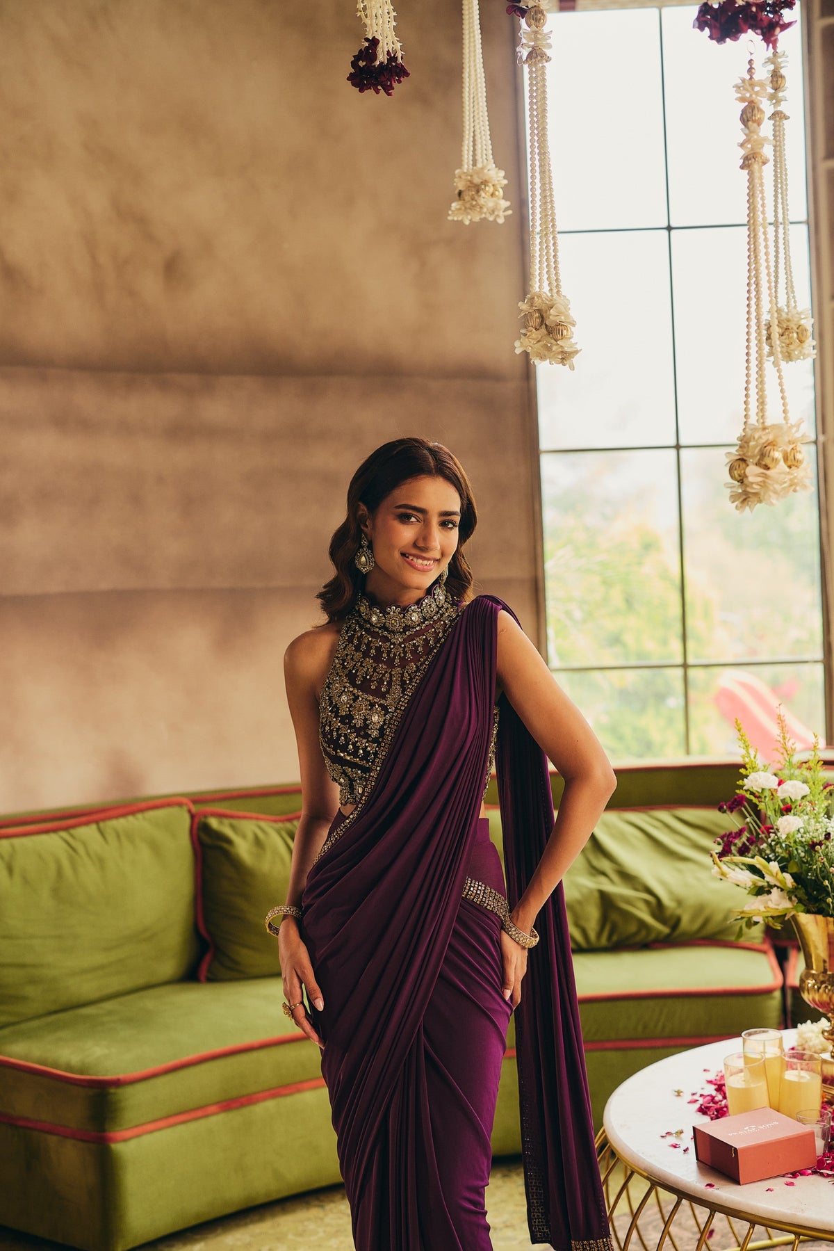 Deep Wine Embellished Tencel Lycra Draped Saree
