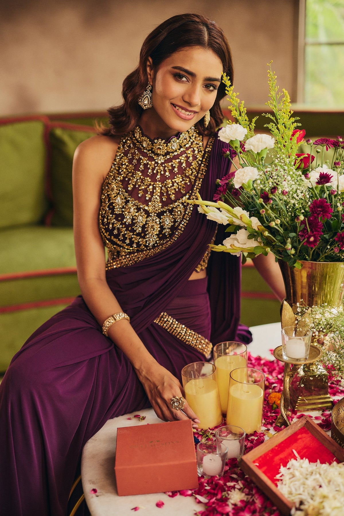 Deep Wine Embellished Tencel Lycra Draped Saree