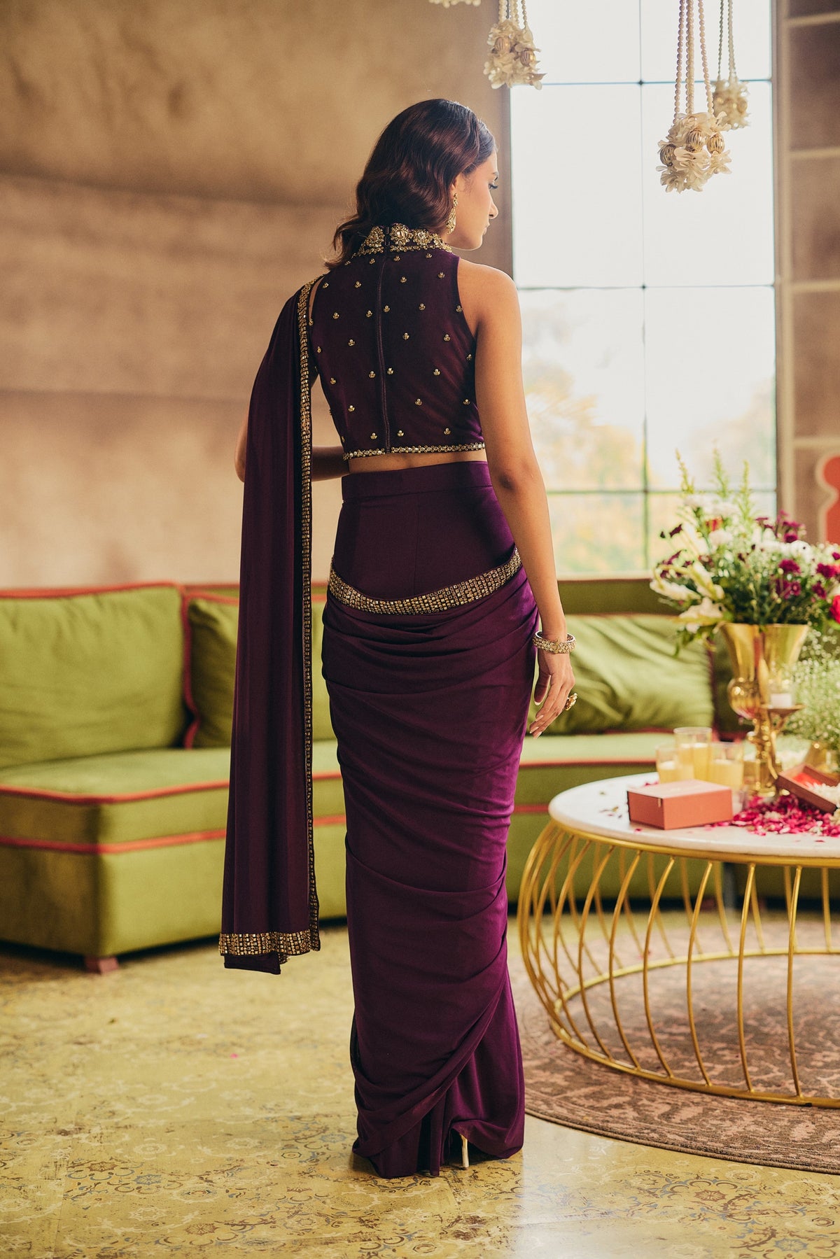 Deep Wine Embellished Tencel Lycra Draped Saree