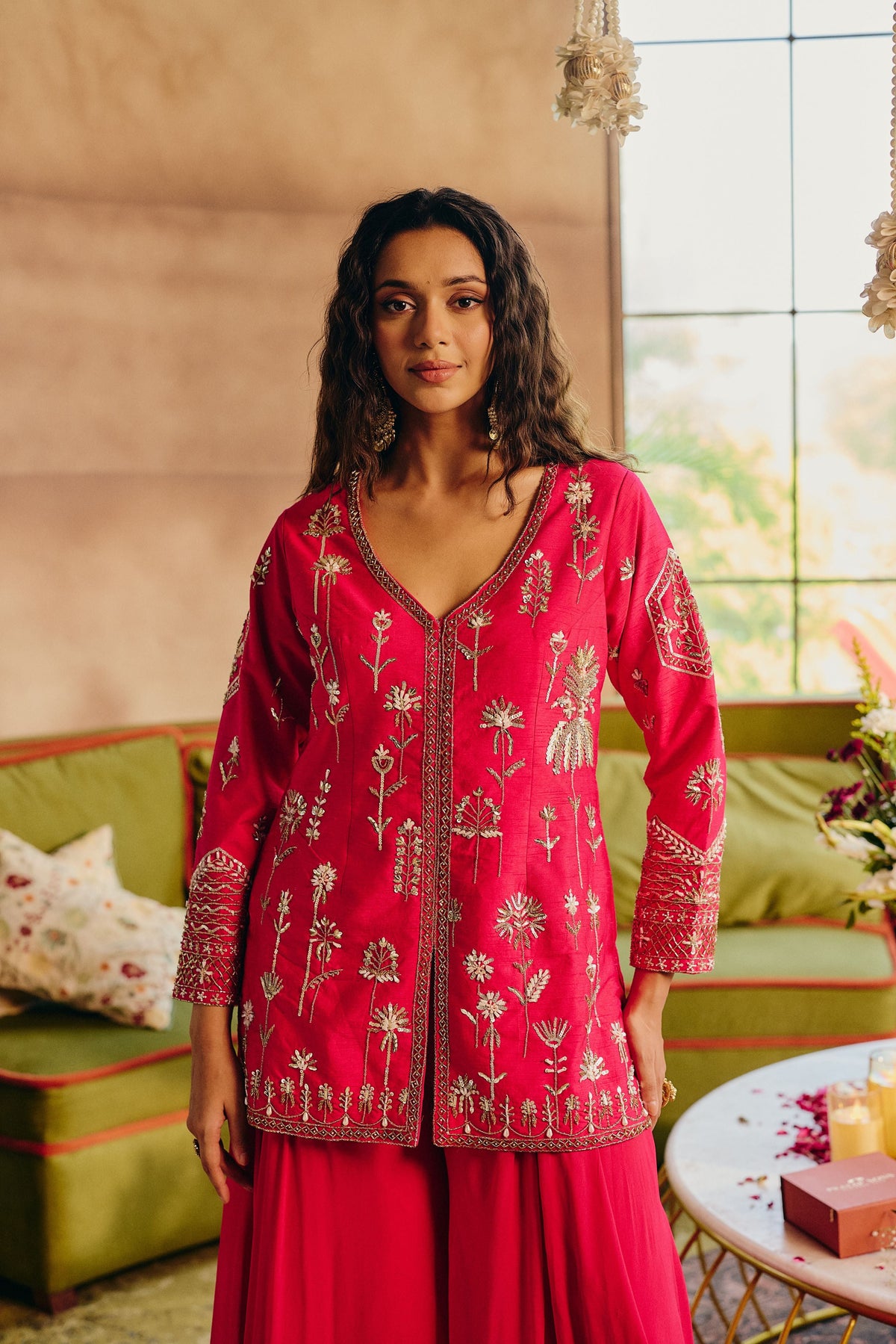 Rani Pink Embellished Raw Silk Palazzo Set
