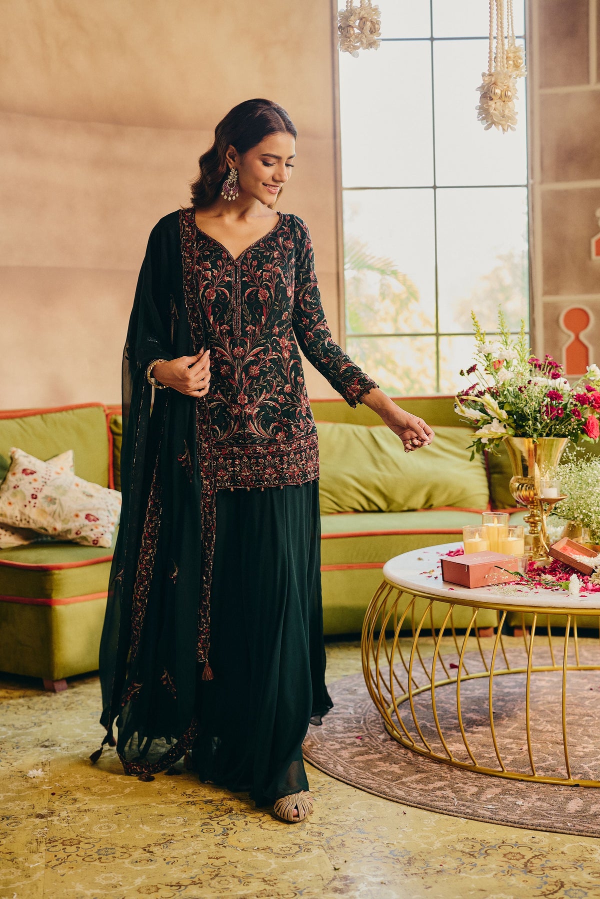Bottle Green Embellished Georgette Silk Palazzo Set