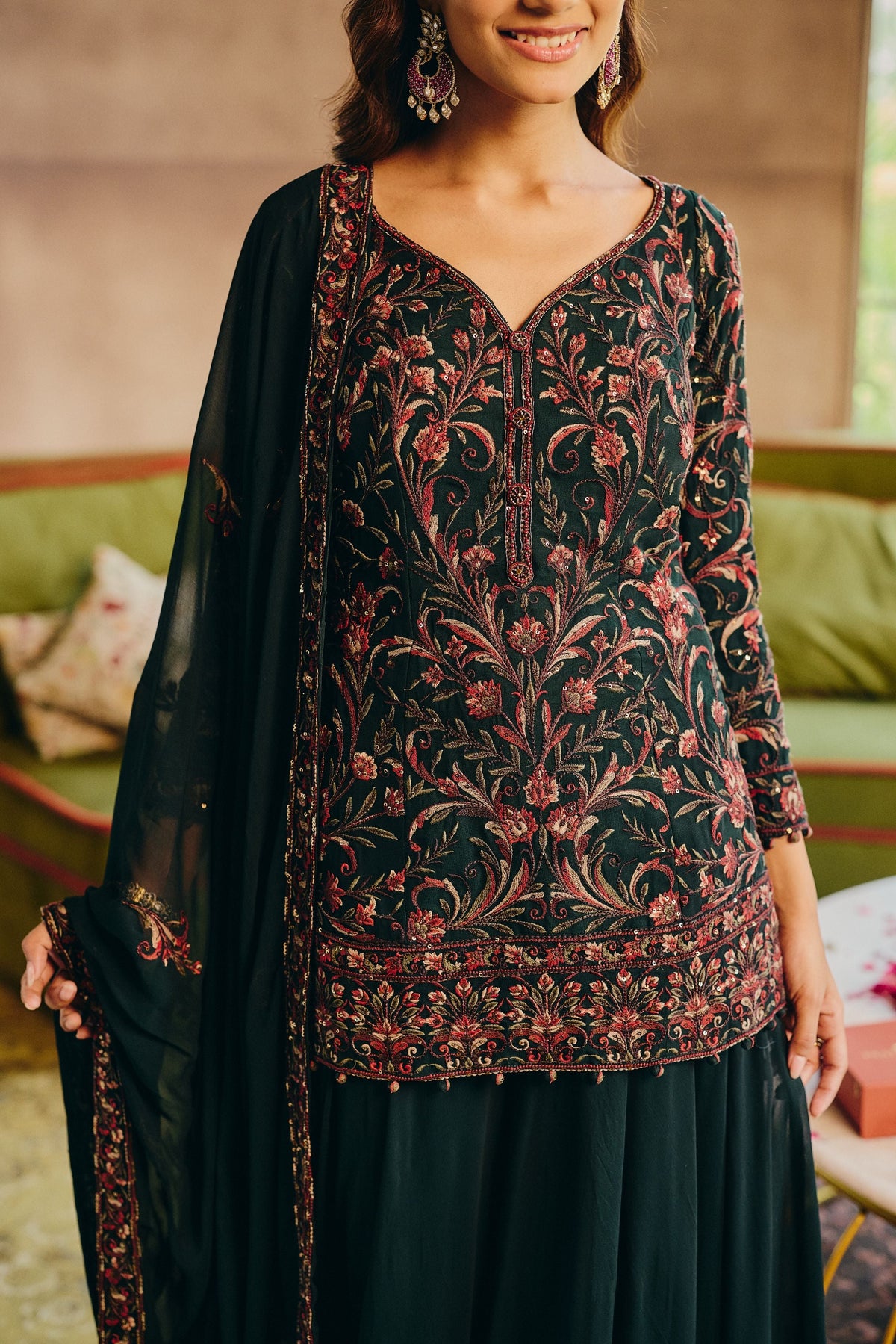 Bottle Green Embellished Georgette Silk Palazzo Set