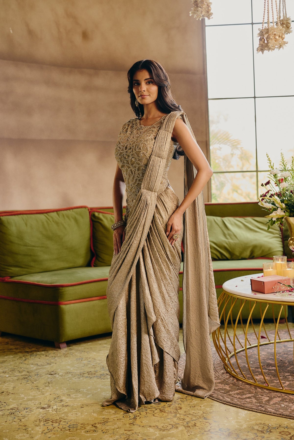Silver Embellished Shimmer Satin Pre-Dreaped Saree