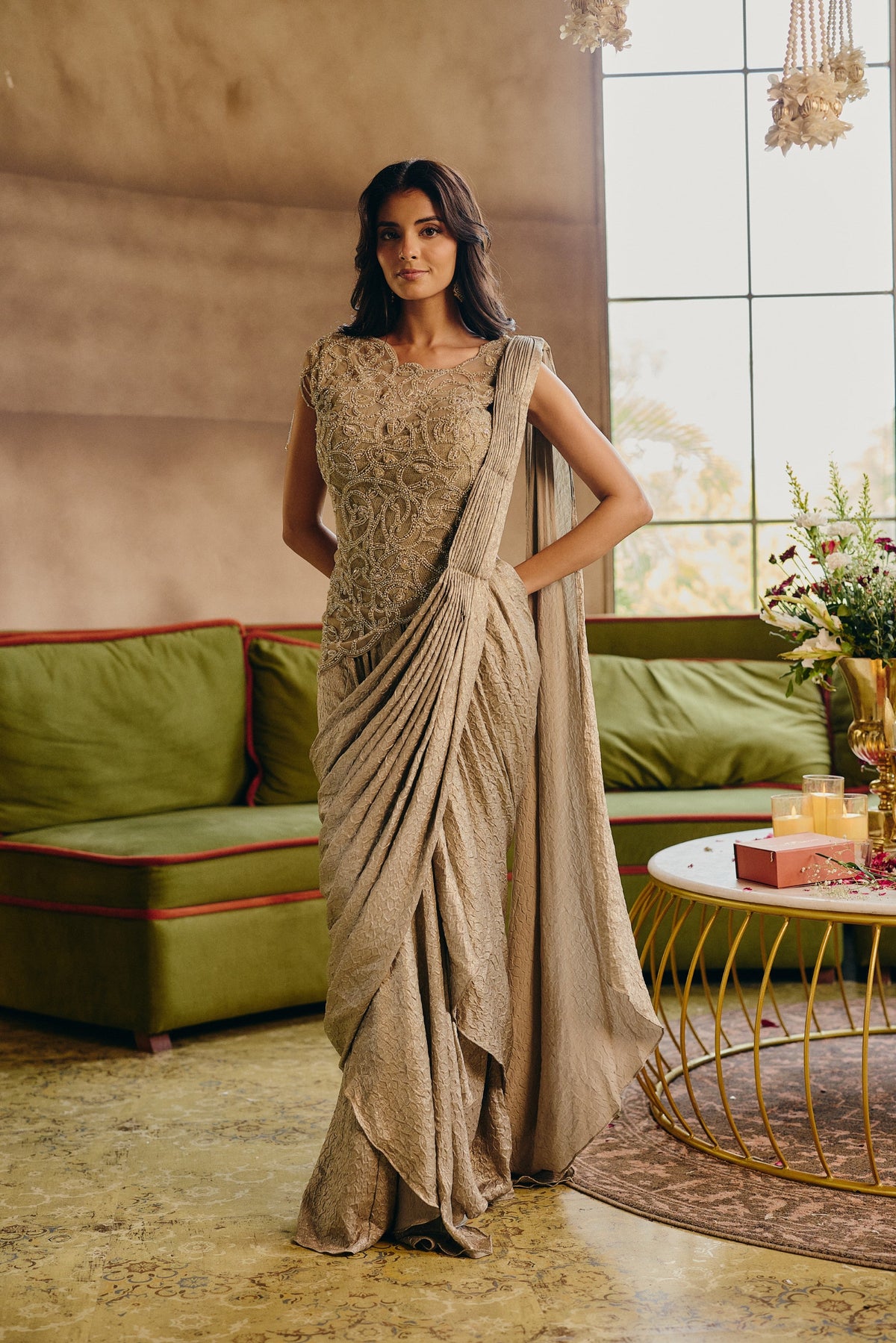 Silver Embellished Shimmer Satin Pre-Dreaped Saree