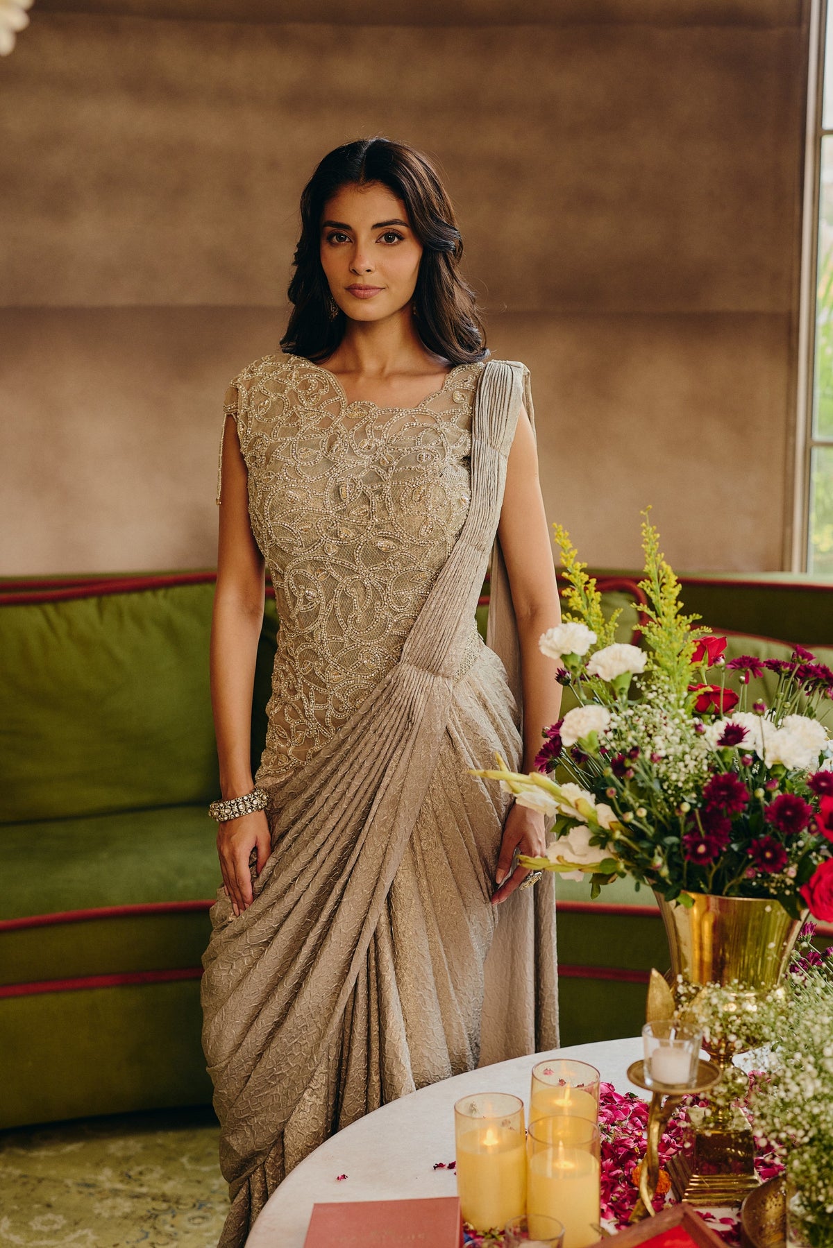 Silver Embellished Shimmer Satin Pre-Dreaped Saree