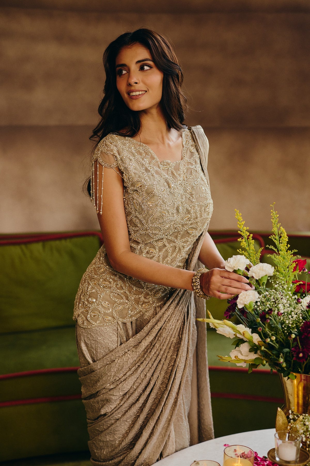 Silver Embellished Shimmer Satin Pre-Dreaped Saree