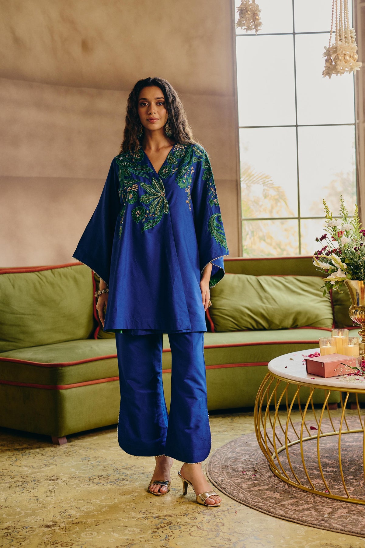 Royal Blue & Green Embellished Modal Silk Co-Ord Set