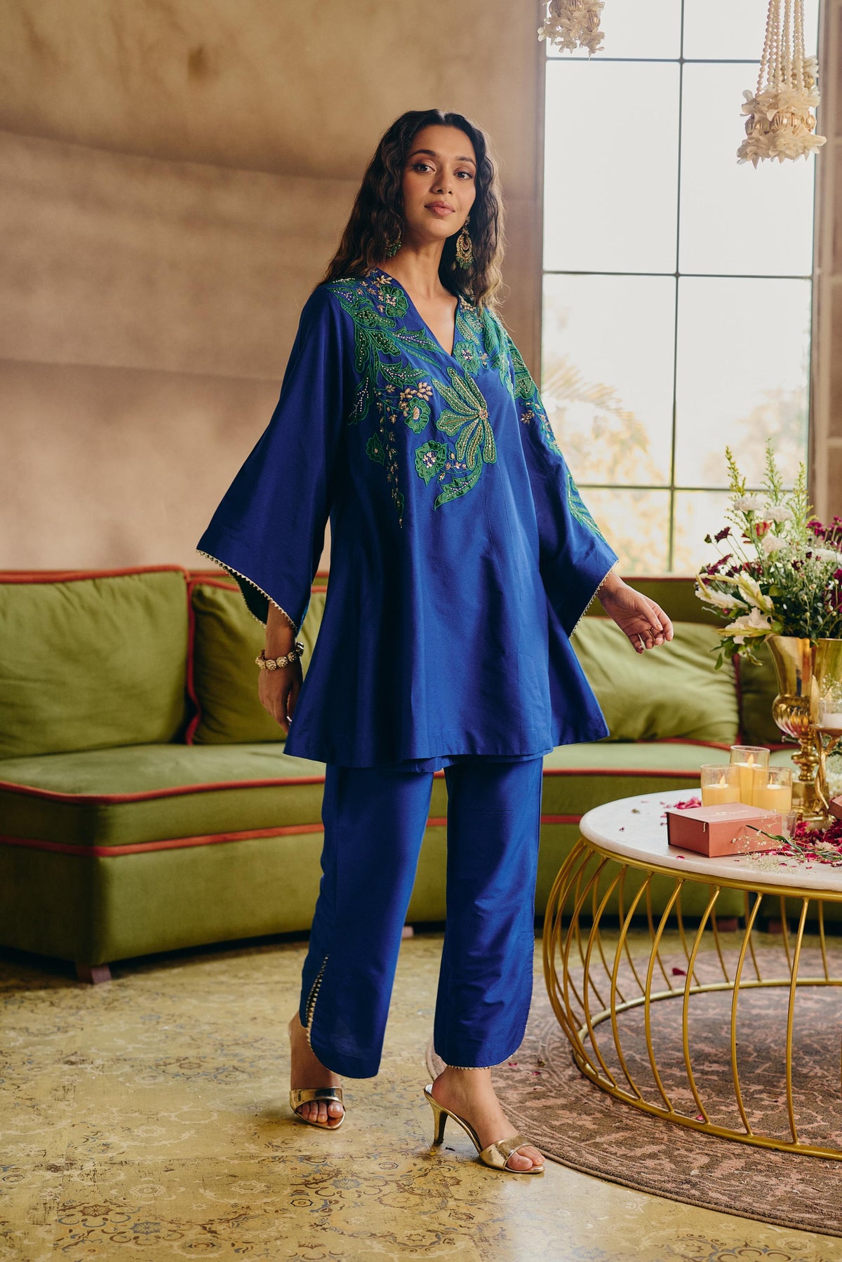 Royal Blue & Green Embellished Modal Silk Co-Ord Set