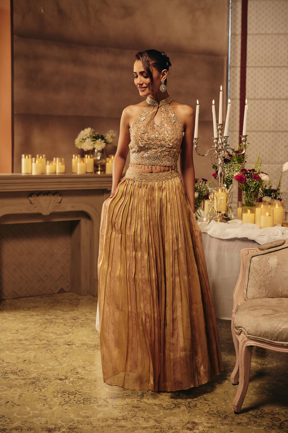 Bronze Beige Embellished Crushed Silk Skirt Set