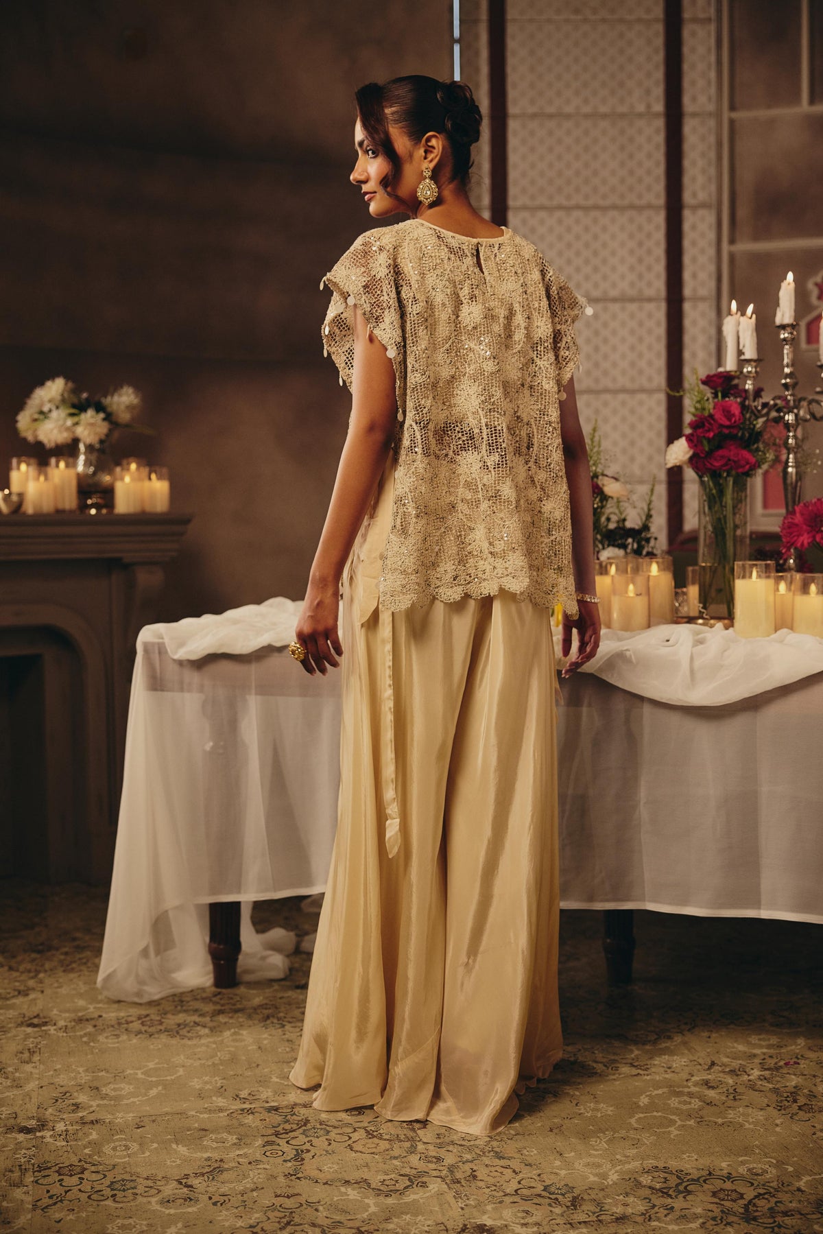 Sand Beige Embellished Crepe Silk Palazzo Set