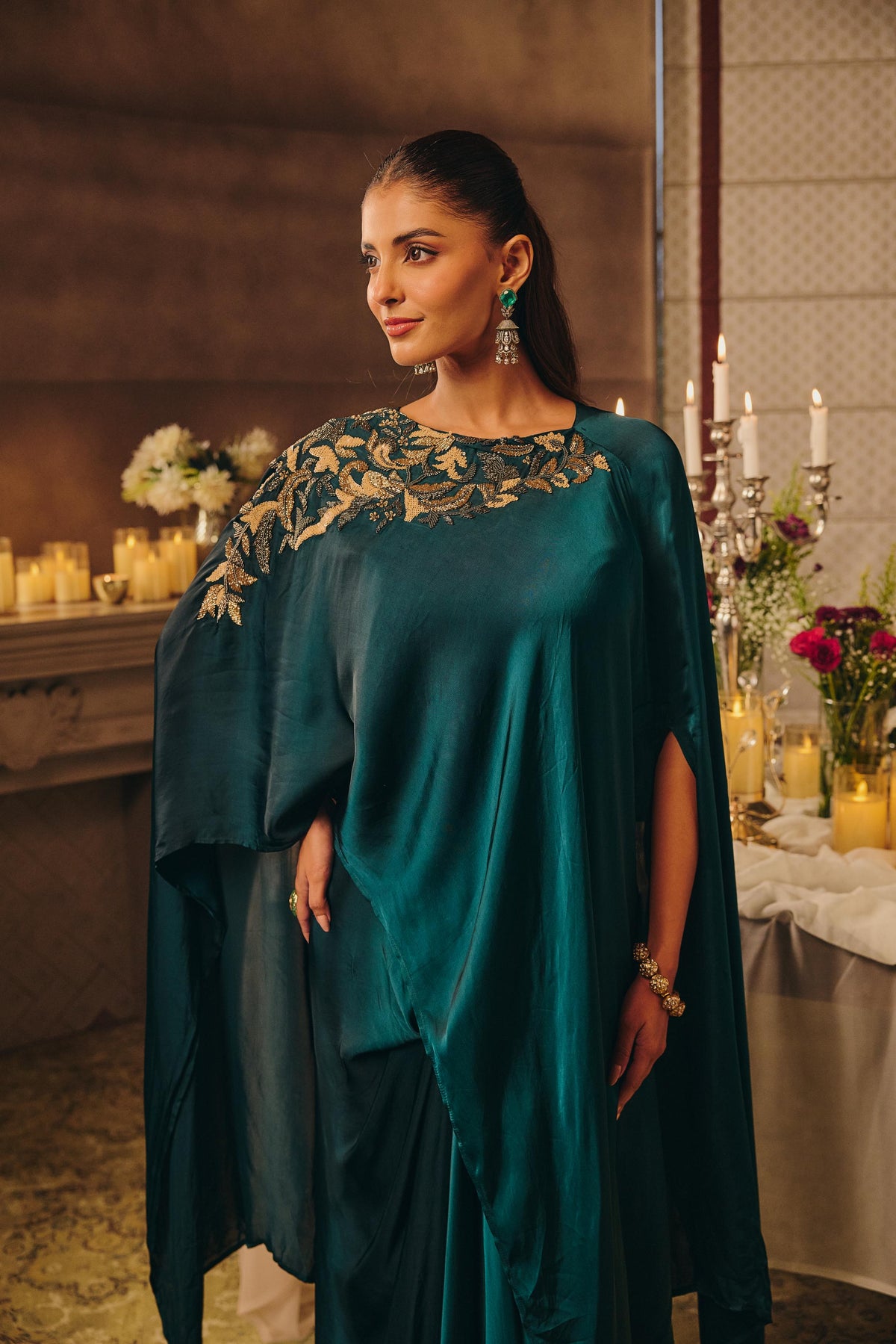 Bottel Green Embellished Crepe Silk Skirt Set