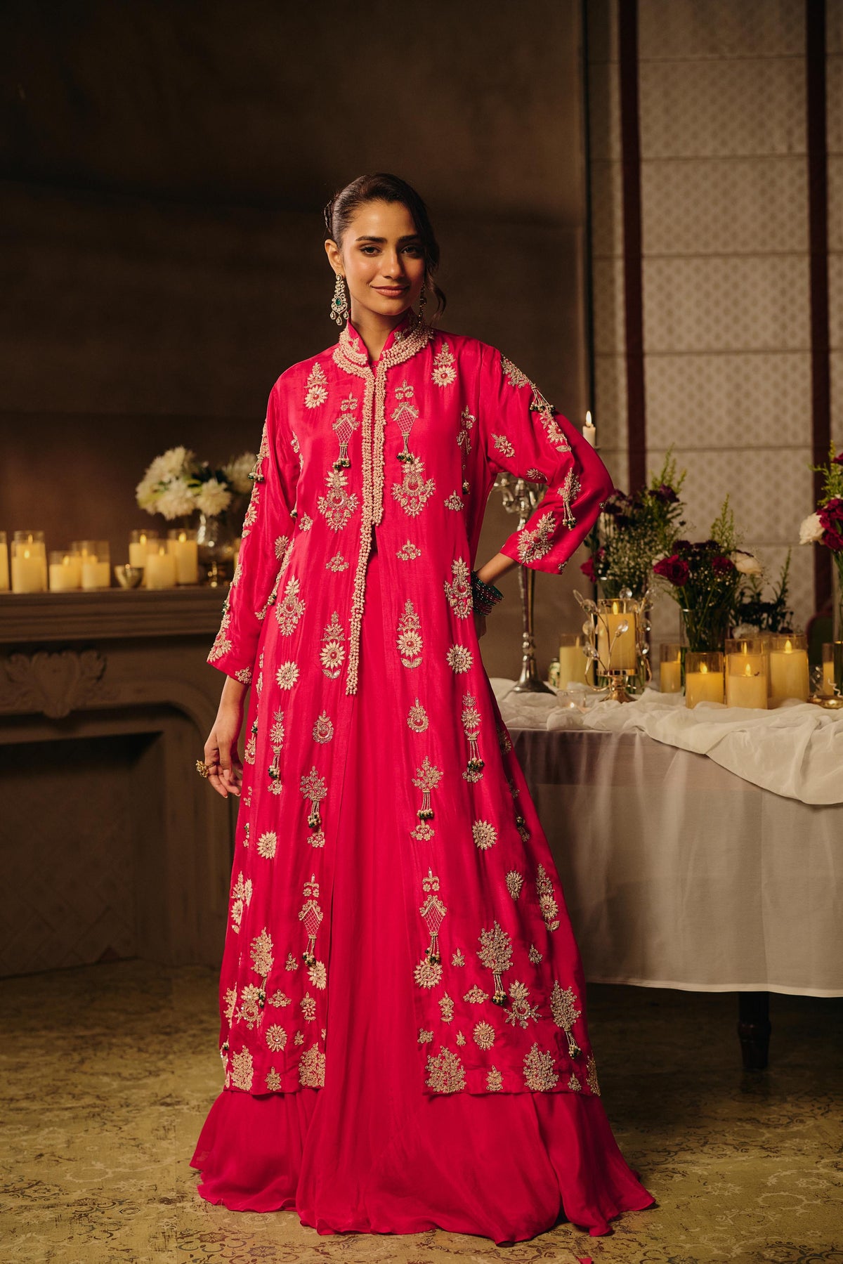 Royal Pink Embellished Premium Silk Jacket Skirt Set