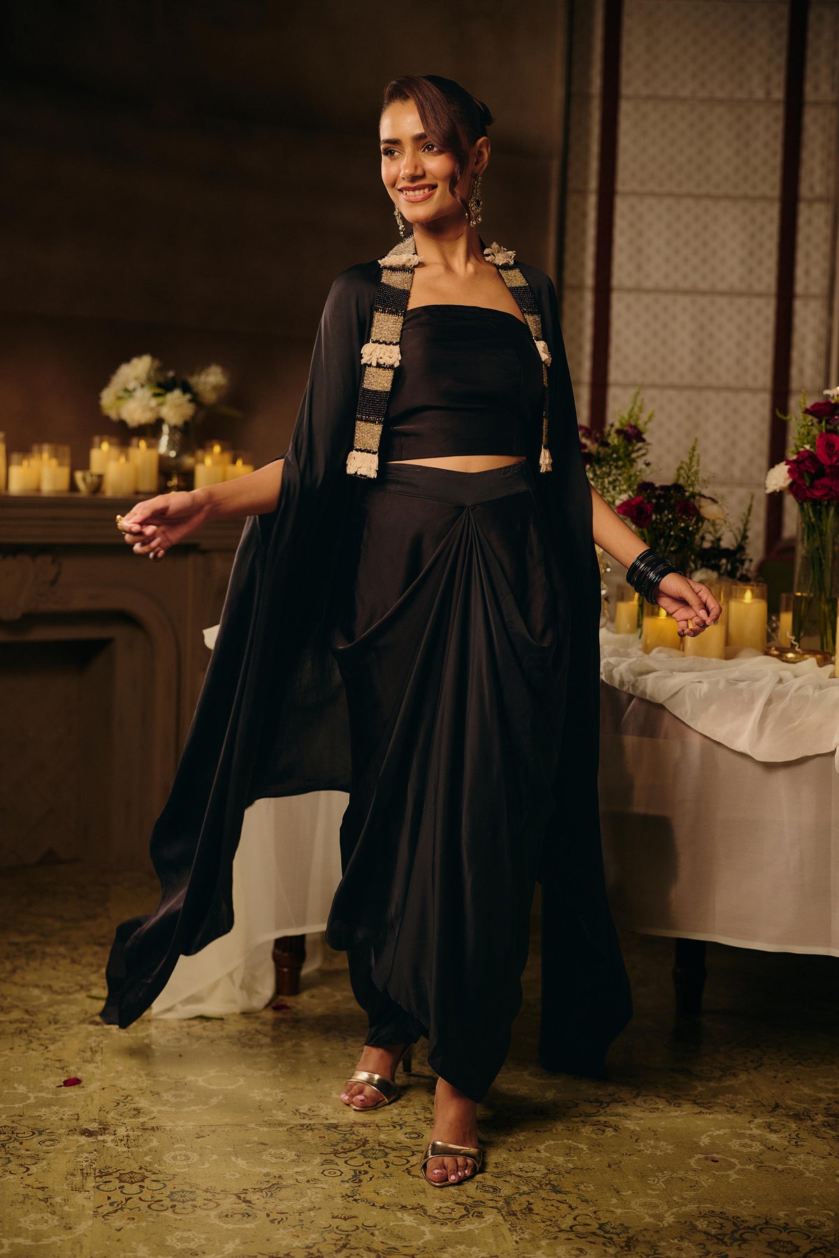Jet Black Ivory Embellished Crepe Satin Silk Skirt Set