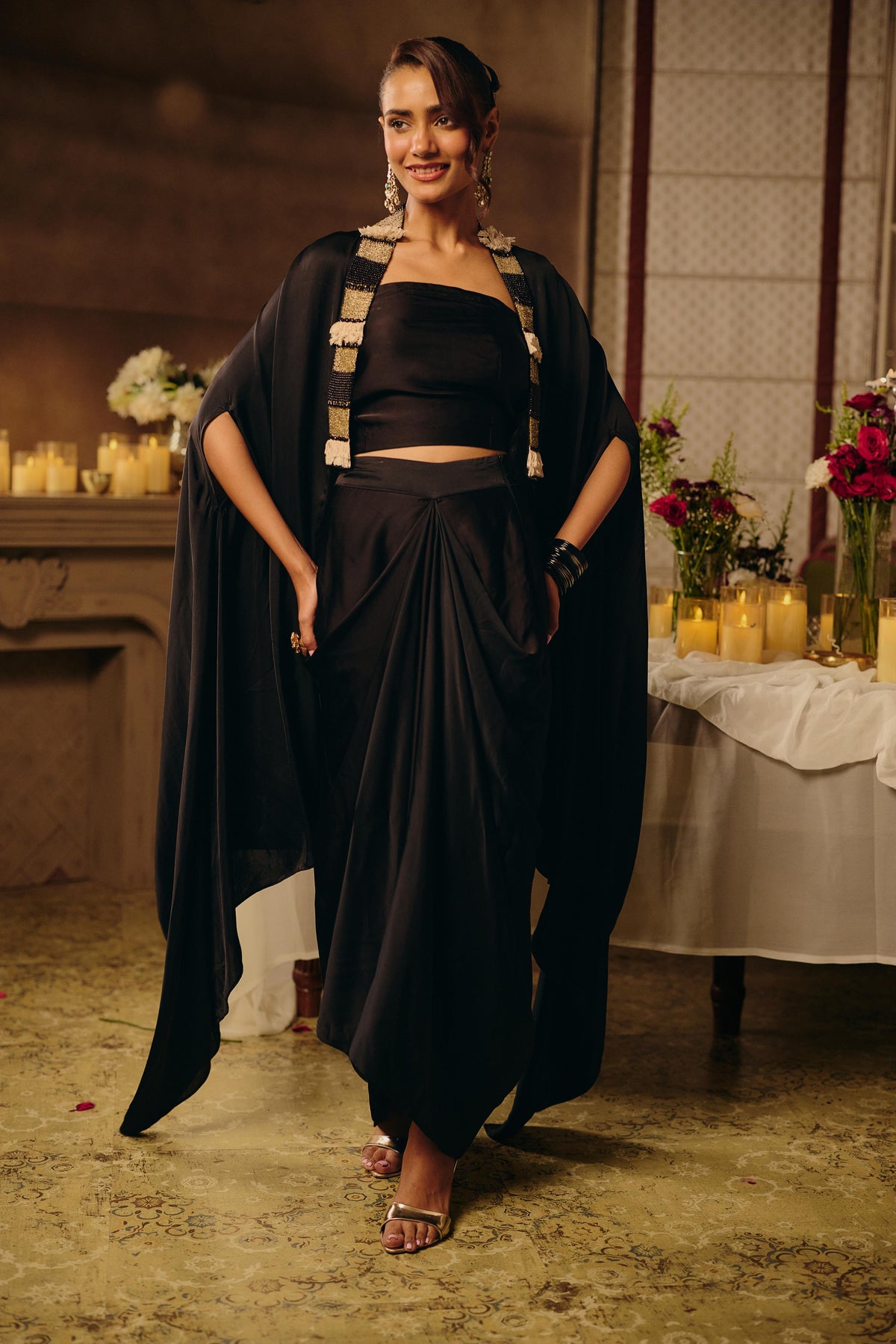 Jet Black Ivory Embellished Crepe Satin Silk Skirt Set