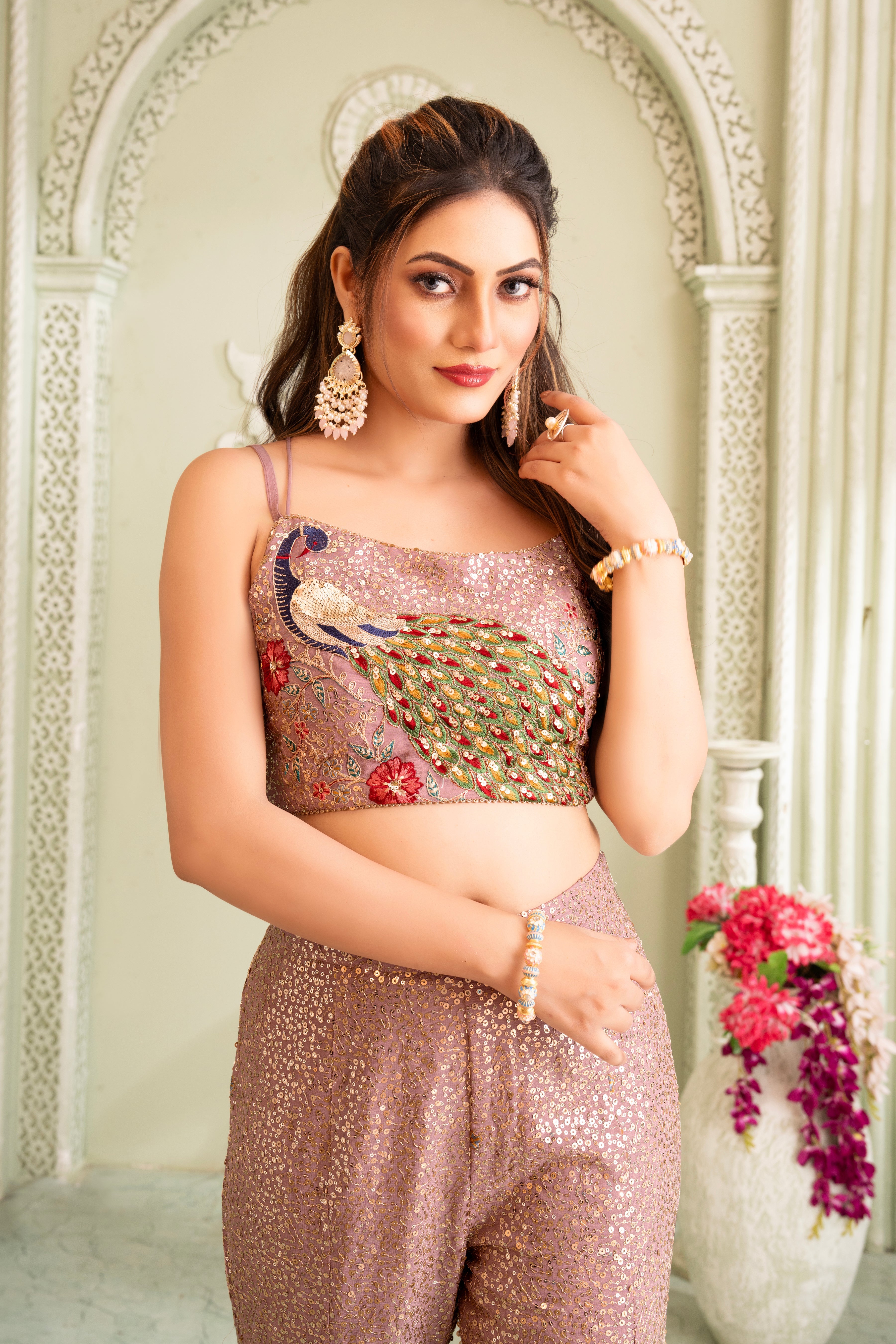 Shimmer Pink Crop Top & Palazzo Set