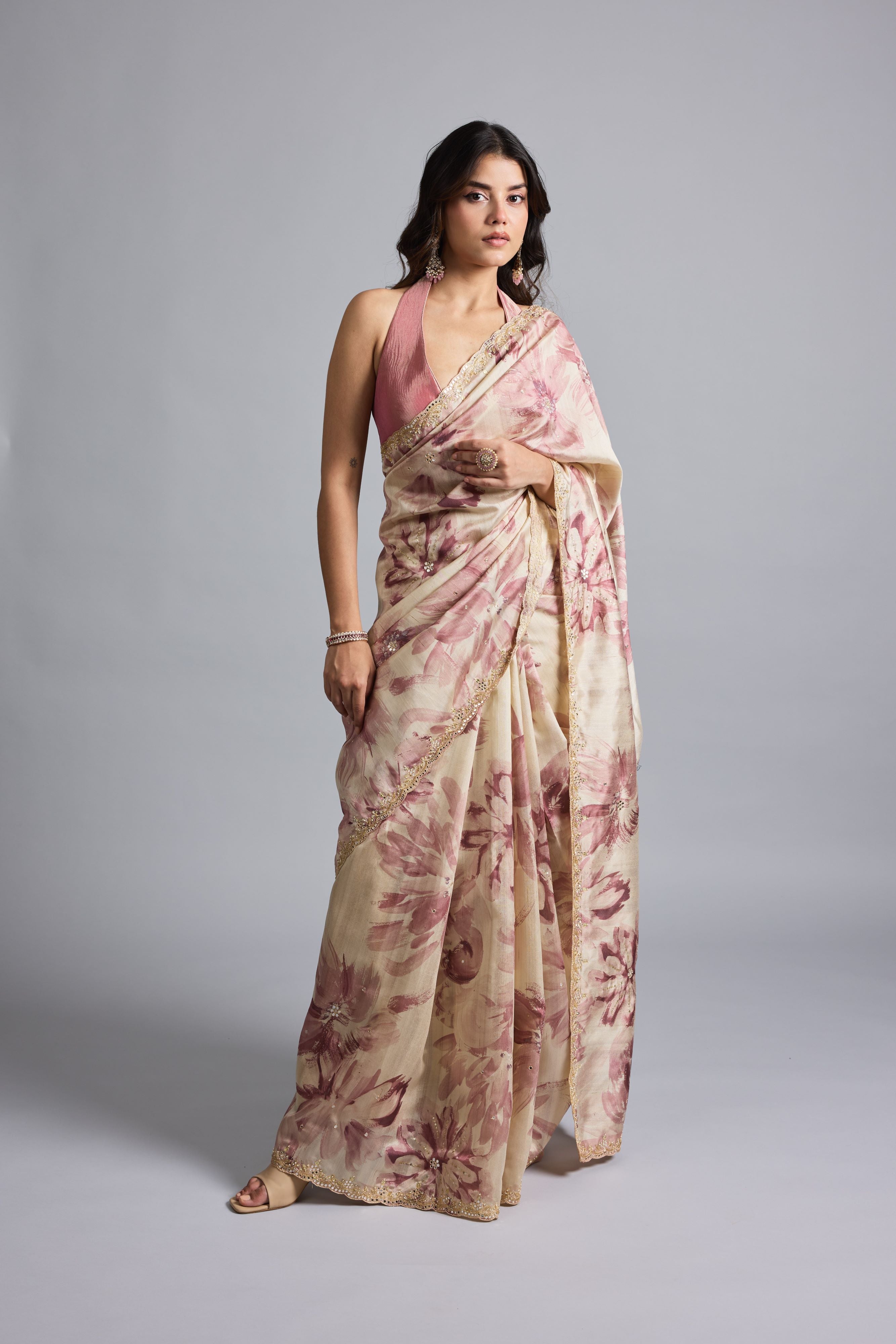 Champagne Rust Floral Printed Saree