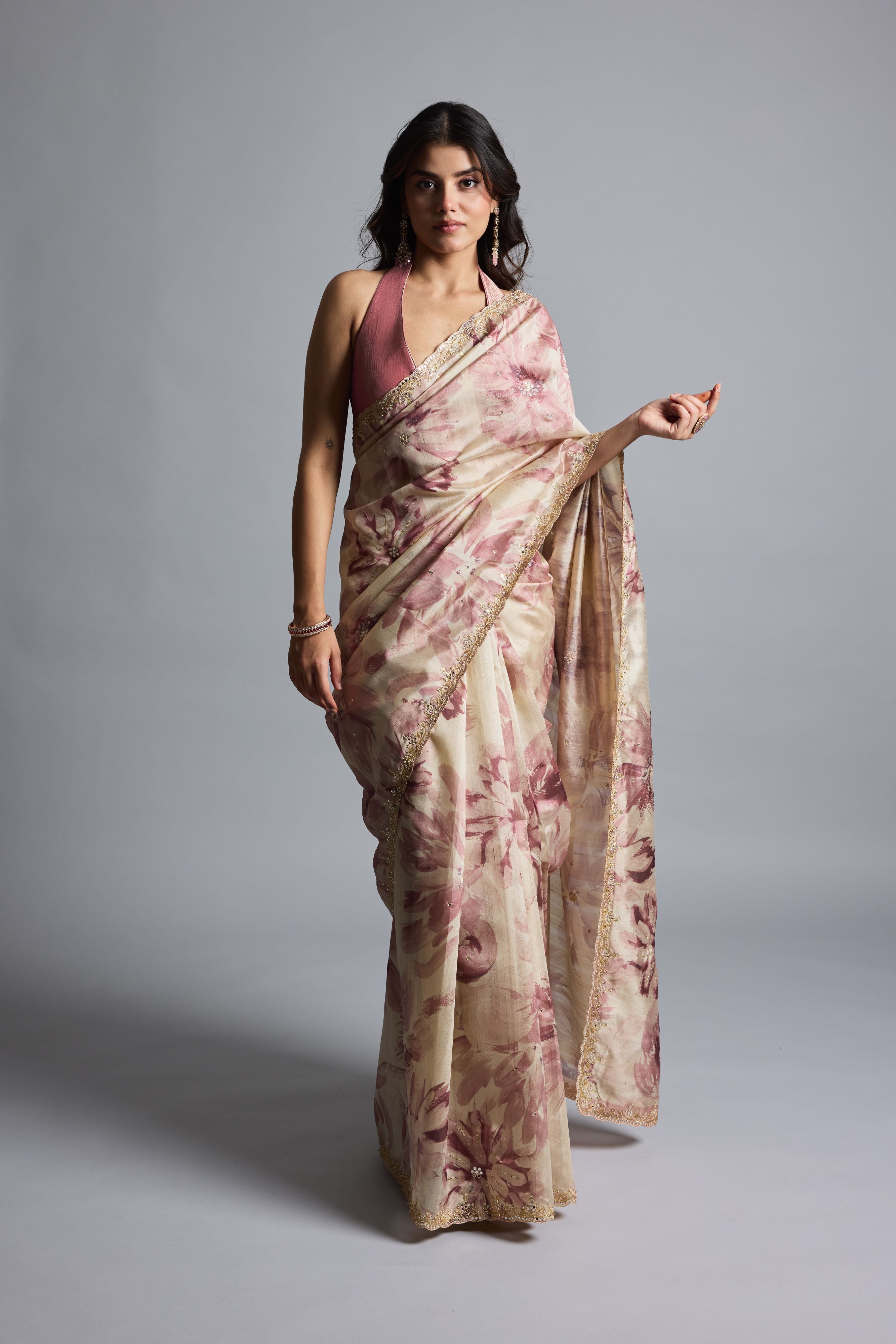Champagne Rust Floral Printed Saree
