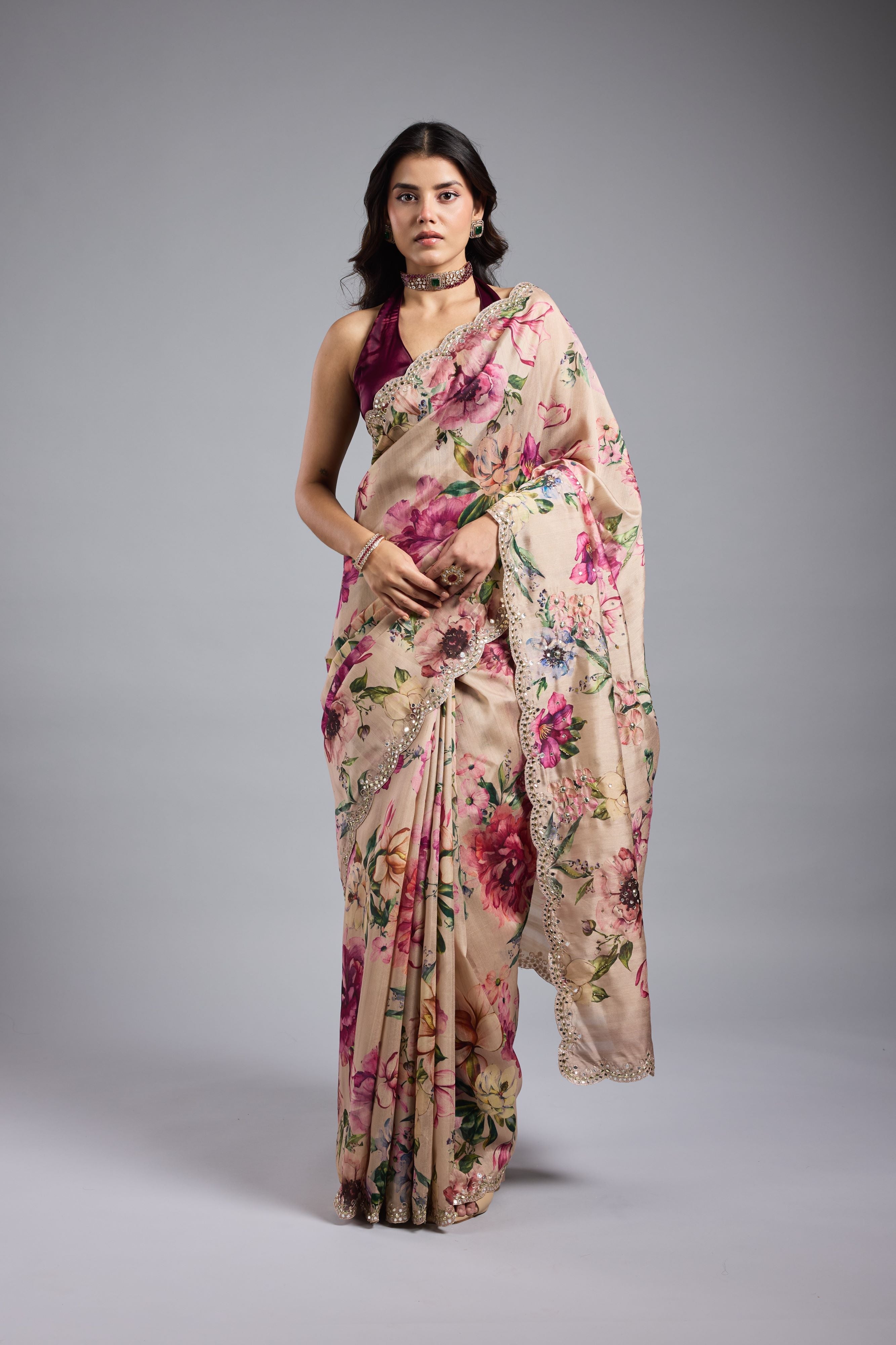 Champagne Gold Floral Printed Saree