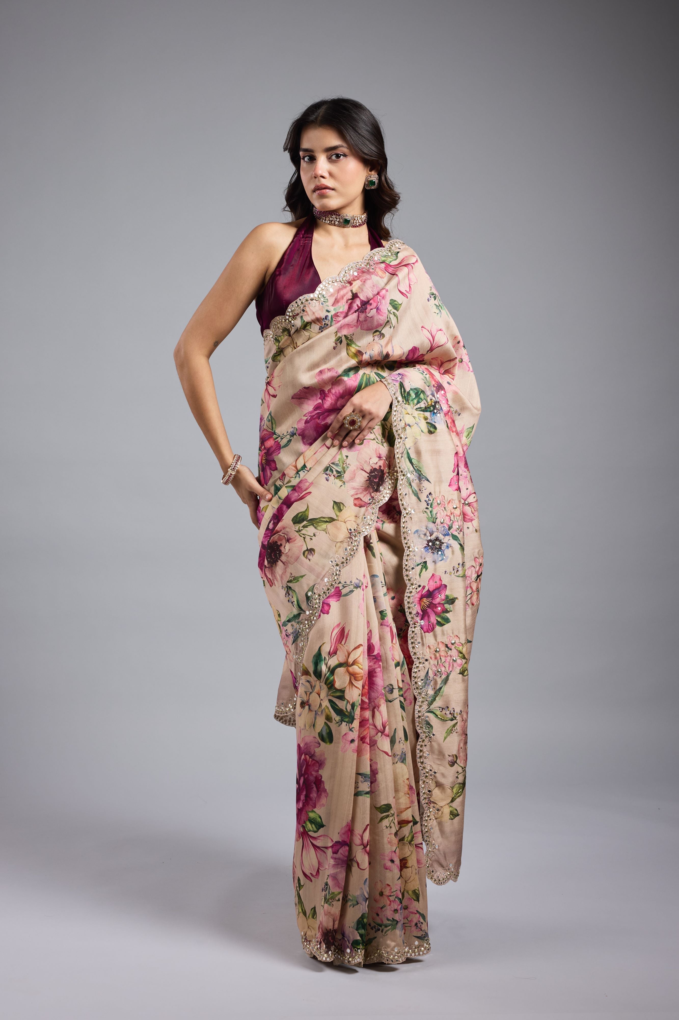 Champagne Gold Floral Printed Saree