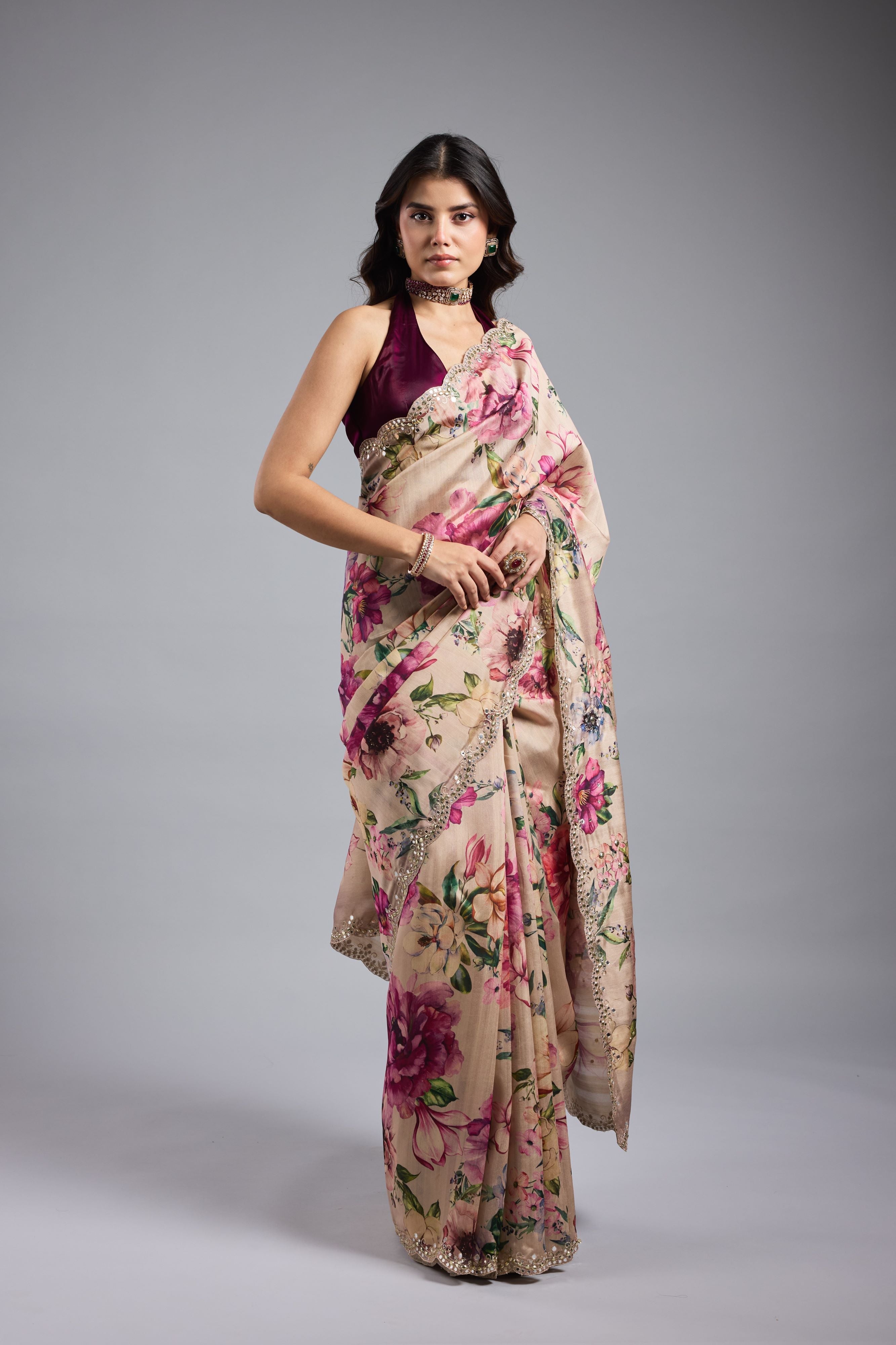 Champagne Gold Floral Printed Saree