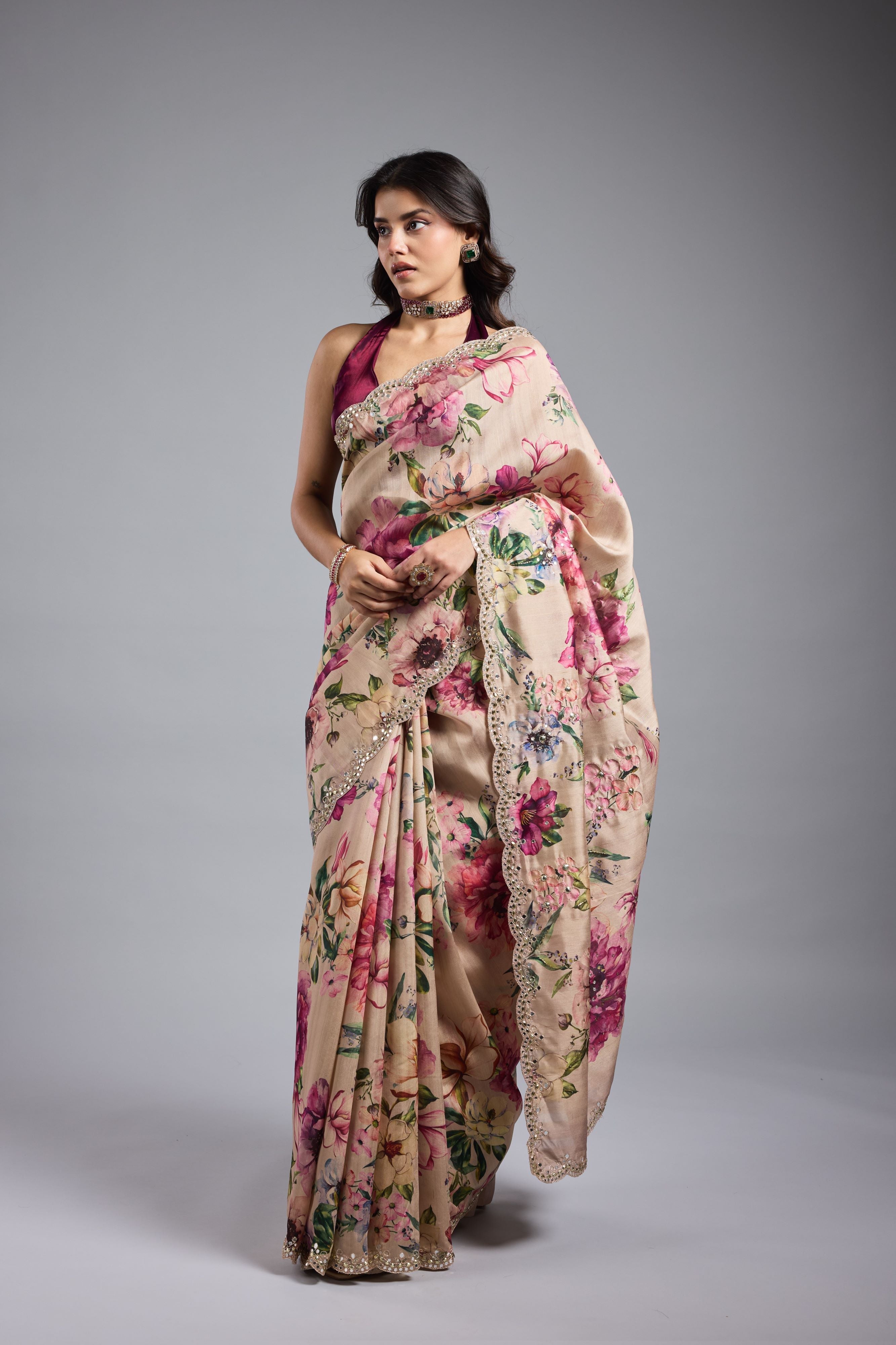 Champagne Gold Floral Printed Saree