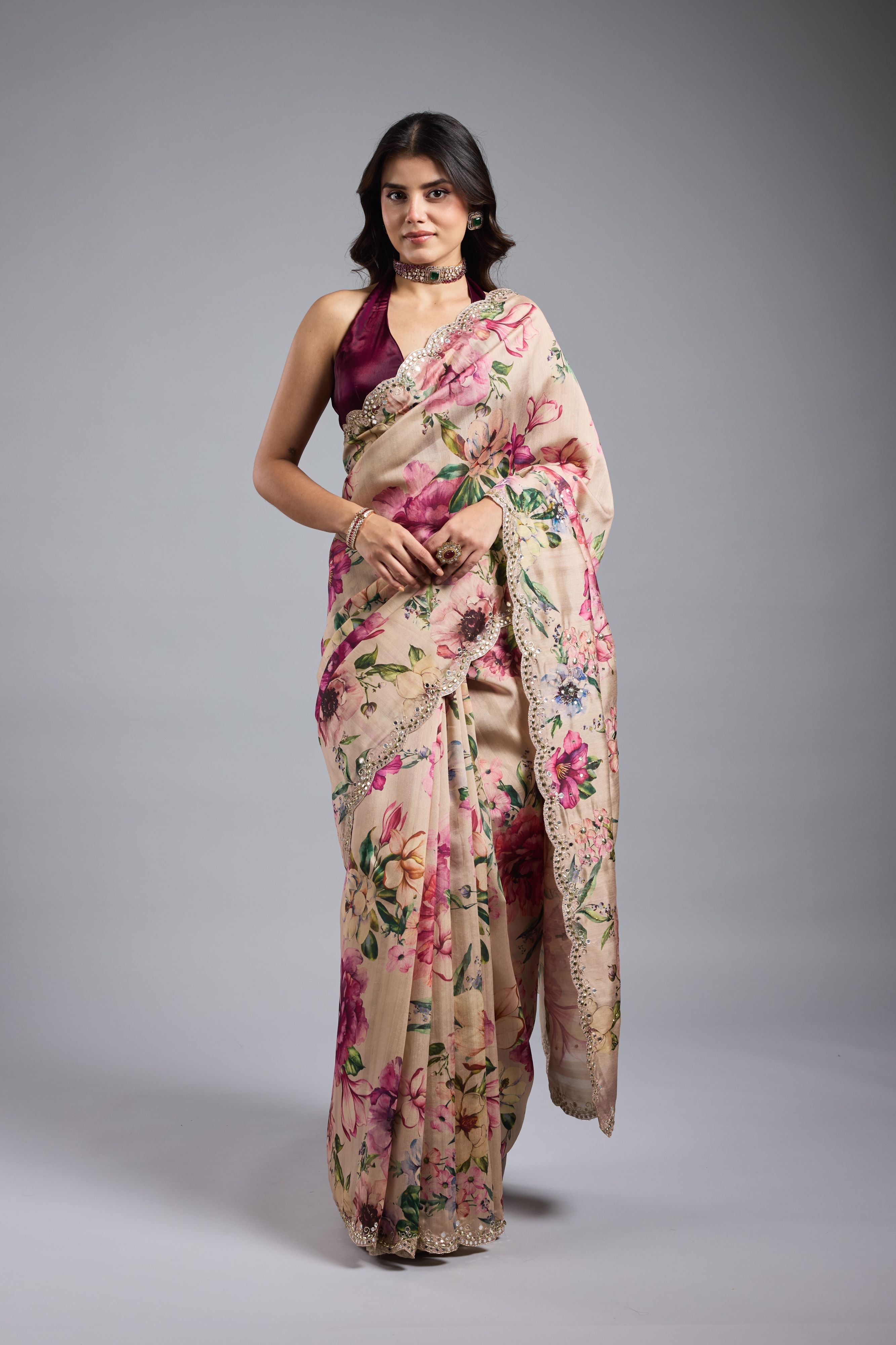 Champagne Gold Floral Printed Saree