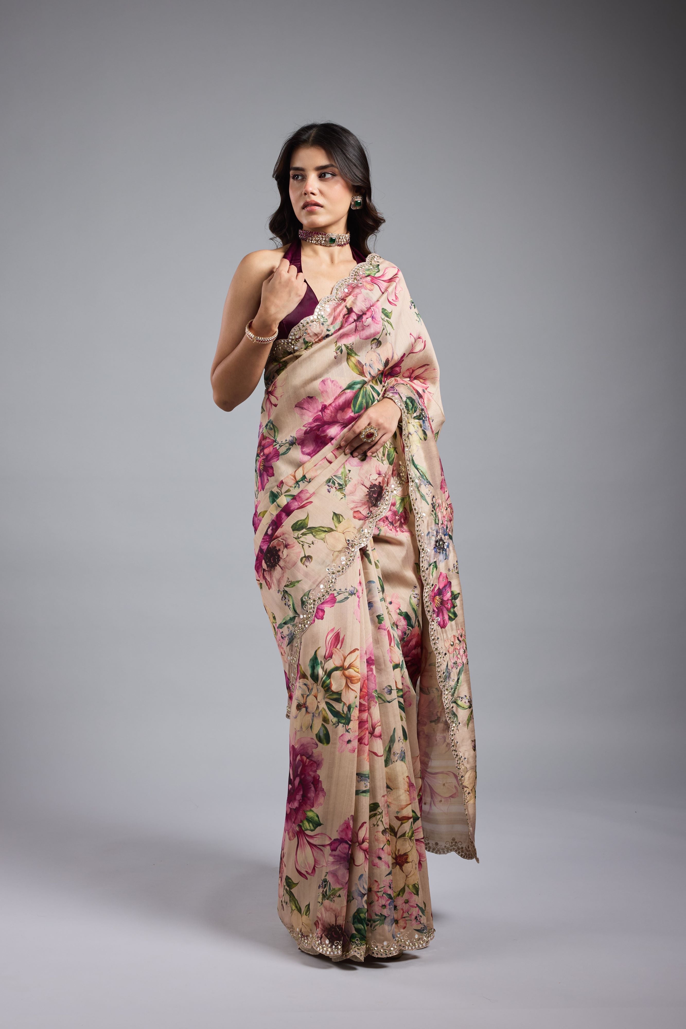 Champagne Gold Floral Printed Saree
