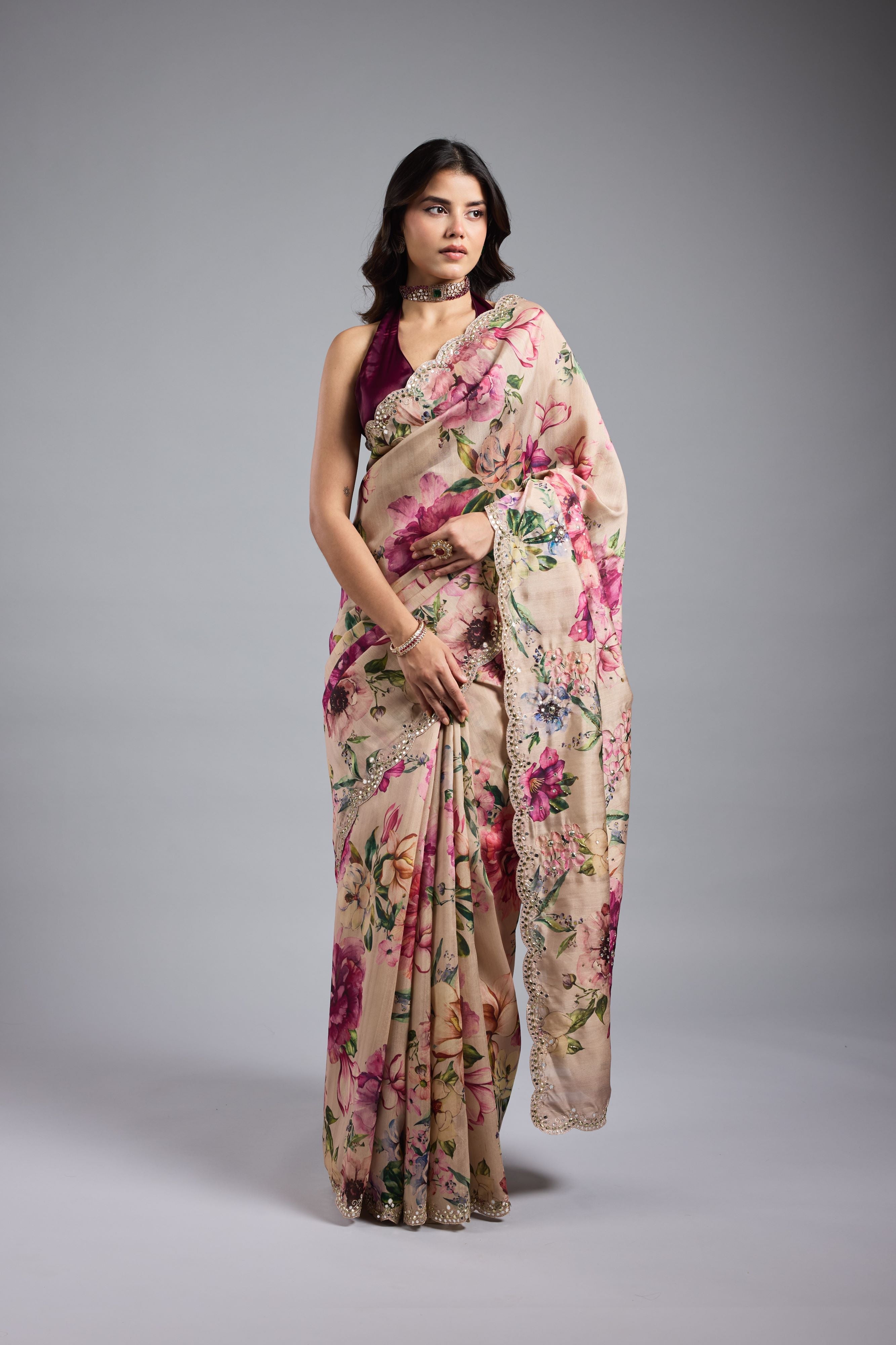 Champagne Gold Floral Printed Saree