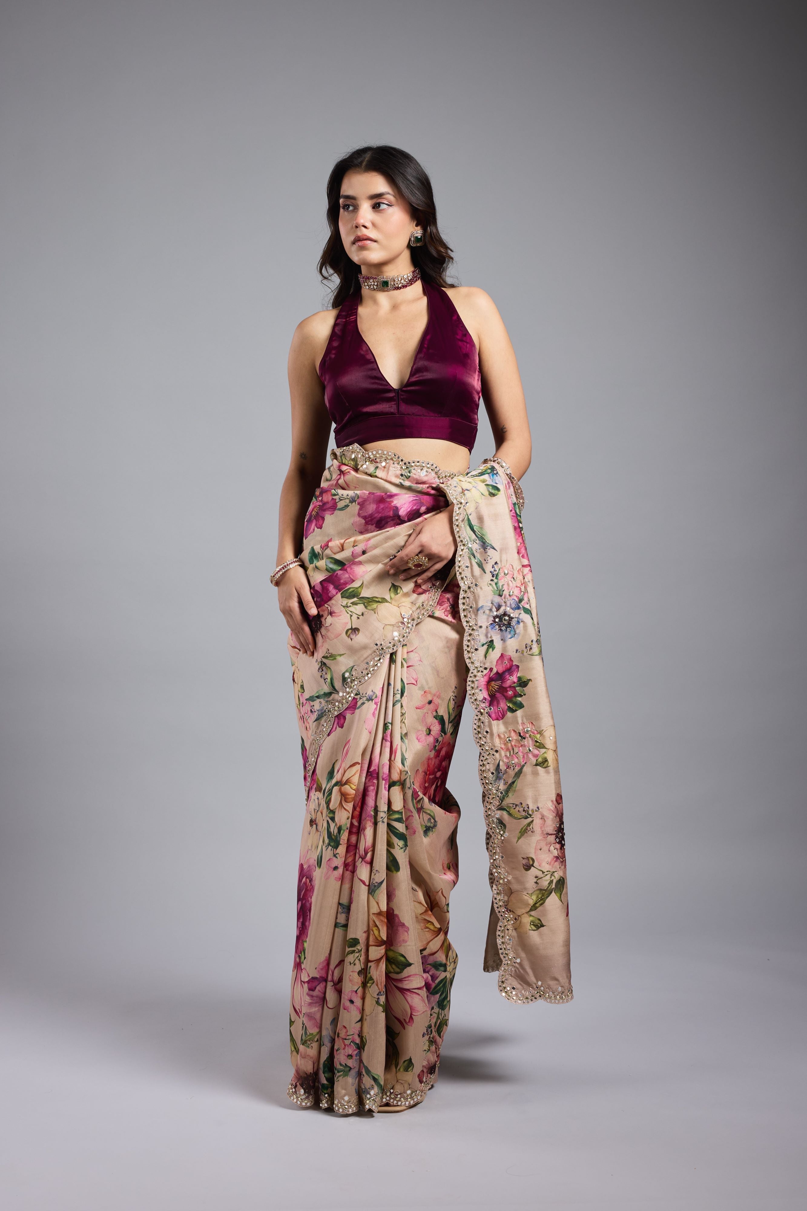 Champagne Gold Floral Printed Saree