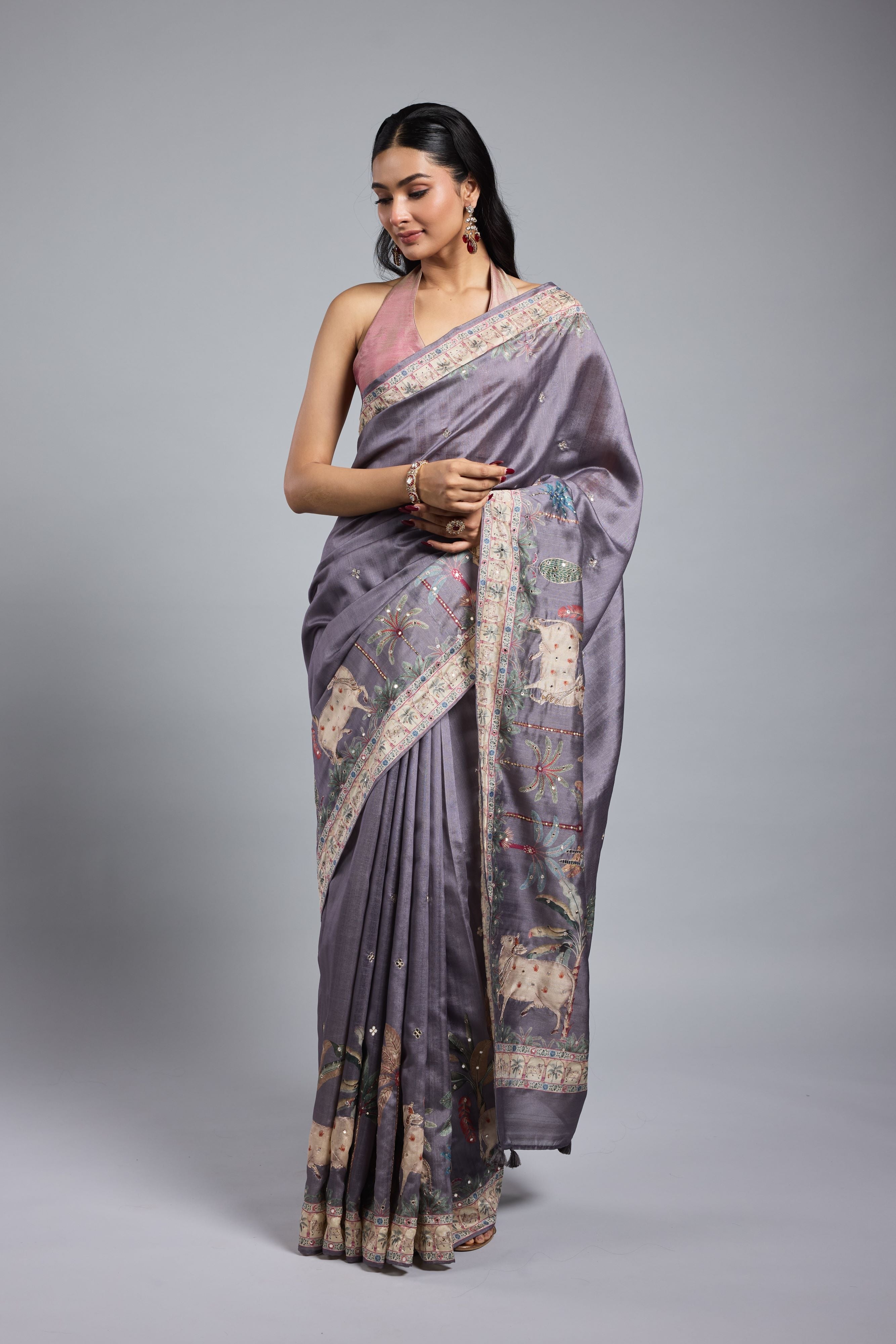 Light Purple Printed Bhagalpuri Tussar Silk Saree