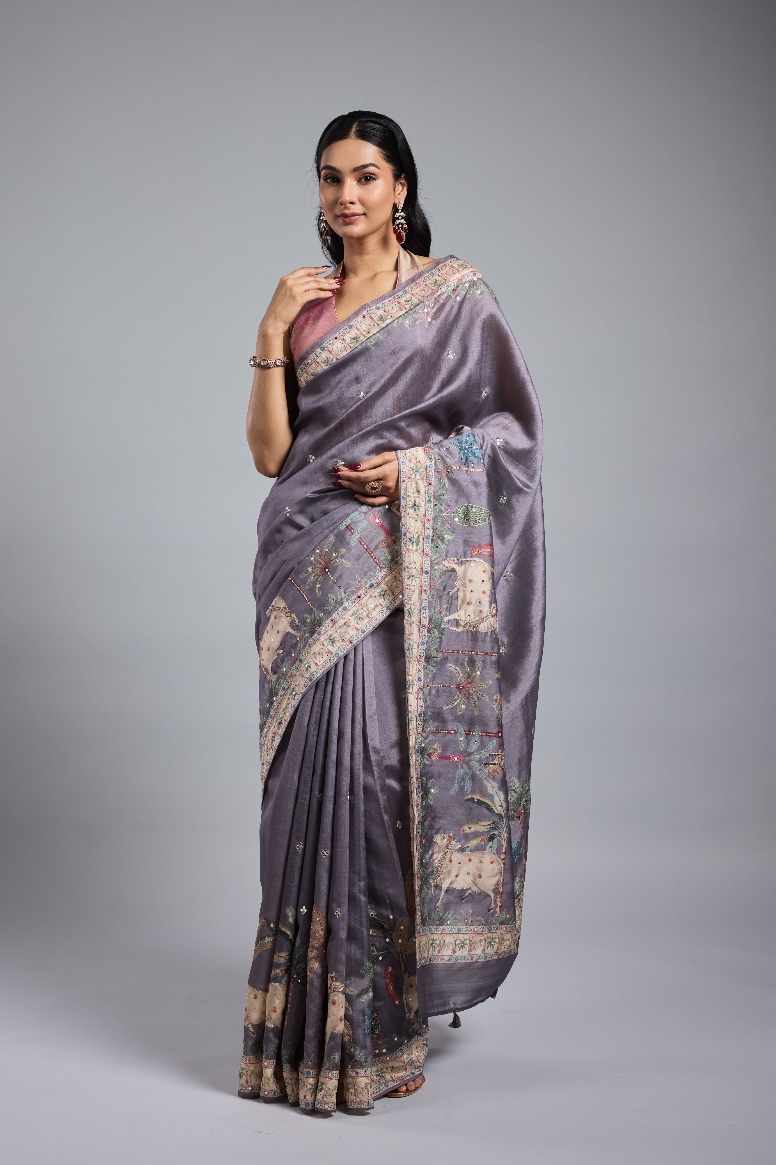Light Purple Printed Bhagalpuri Tussar Silk Saree