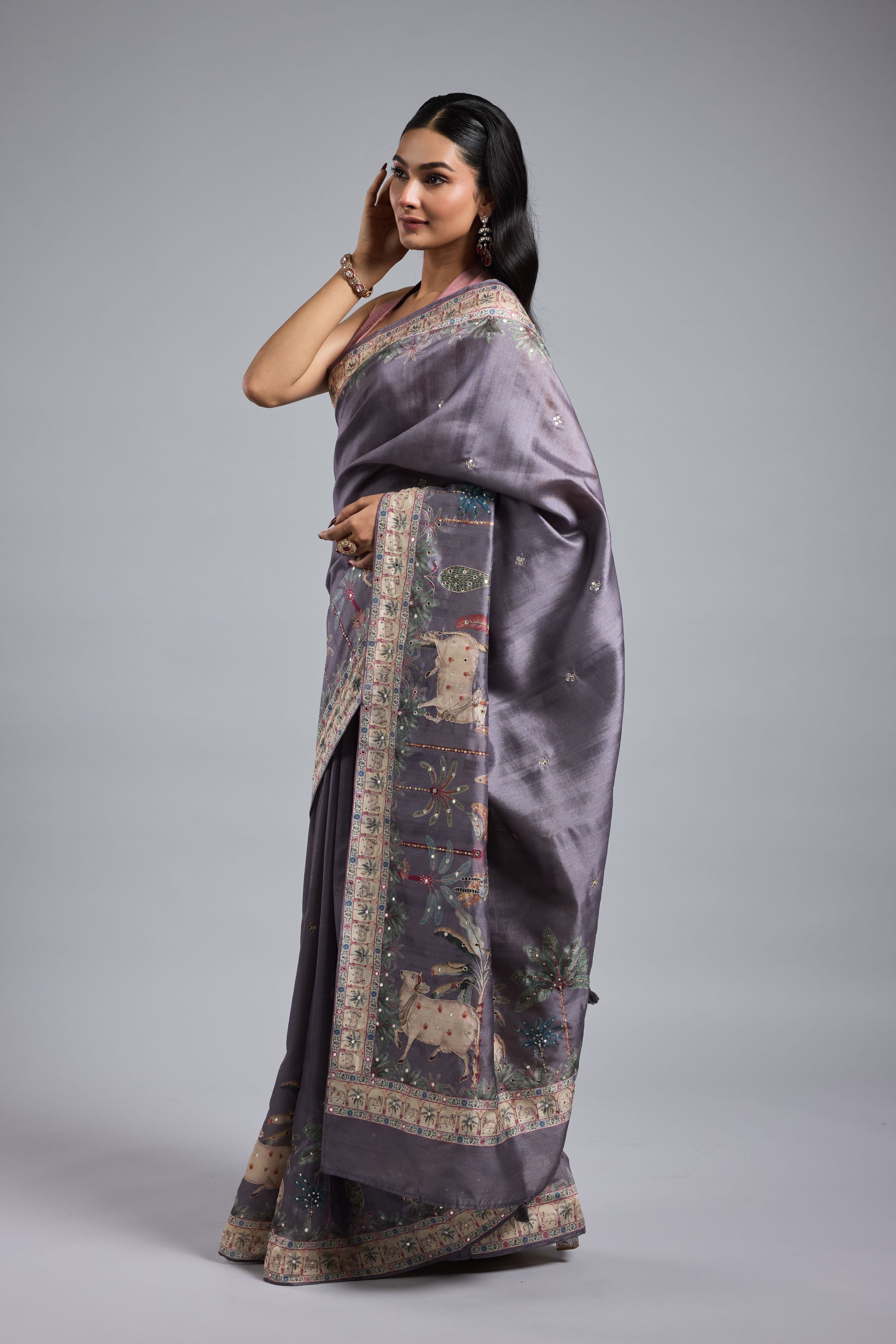 Light Purple Printed Bhagalpuri Tussar Silk Saree
