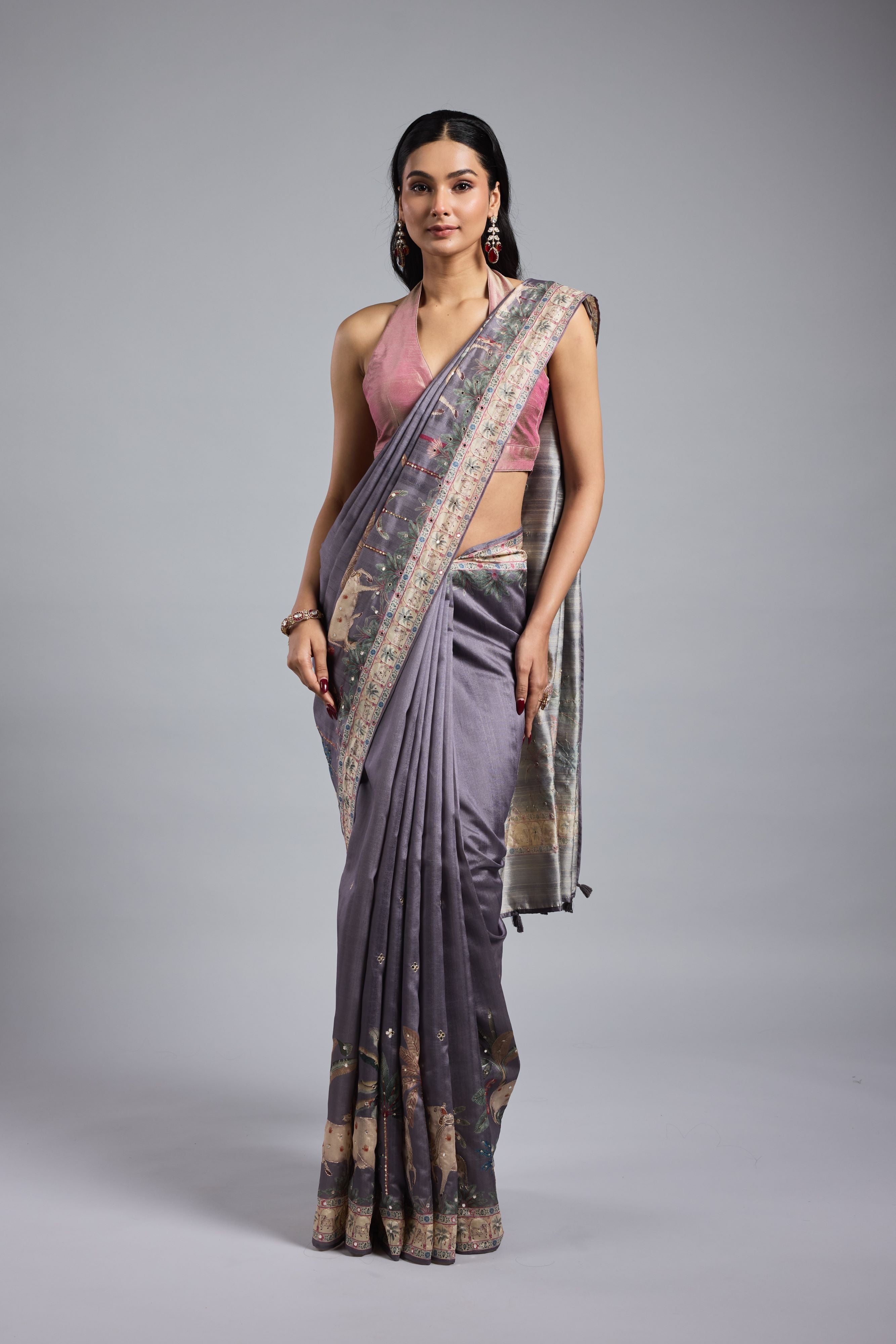 Light Purple Printed Bhagalpuri Tussar Silk Saree