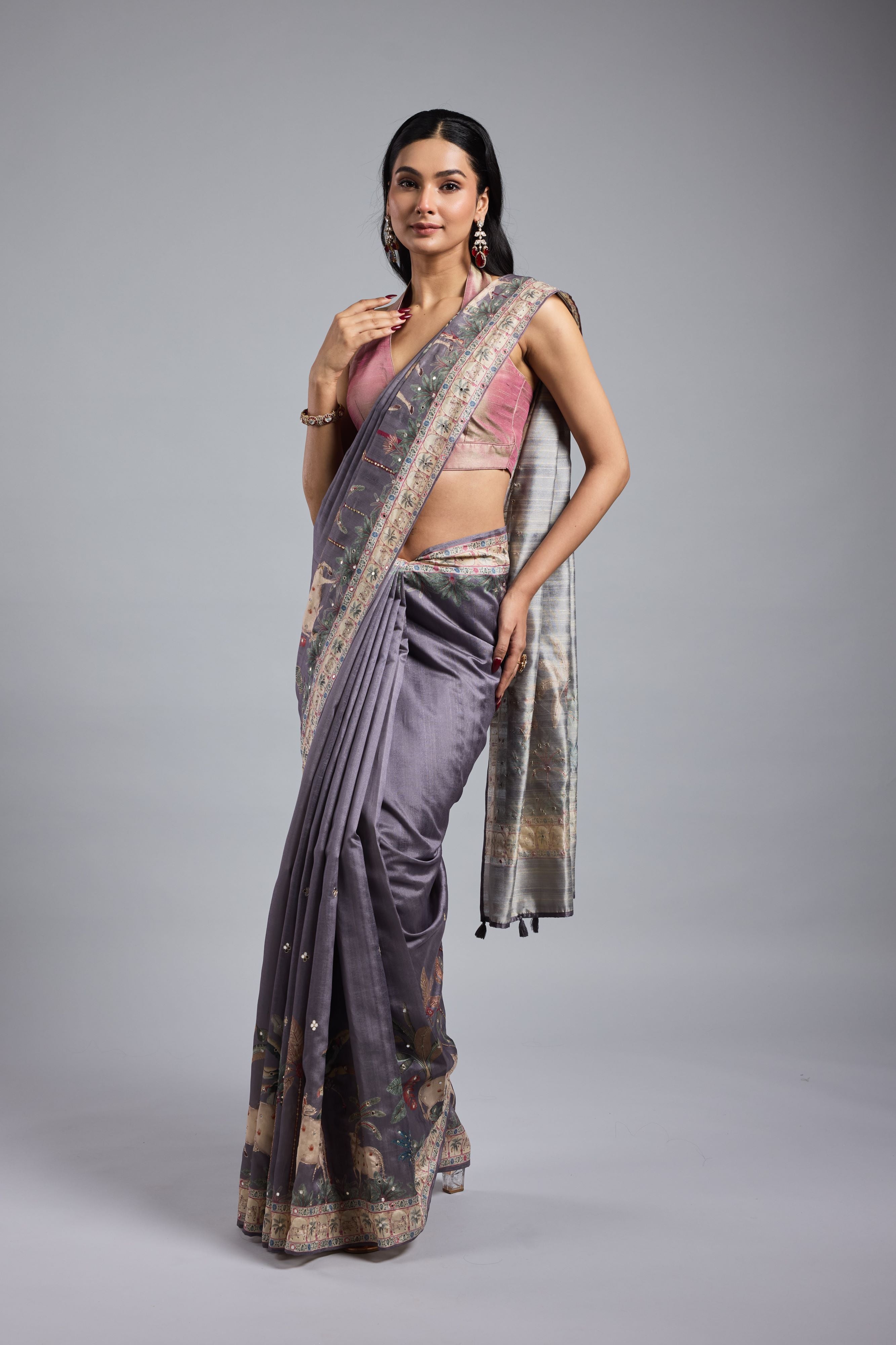 Light Purple Printed Bhagalpuri Tussar Silk Saree