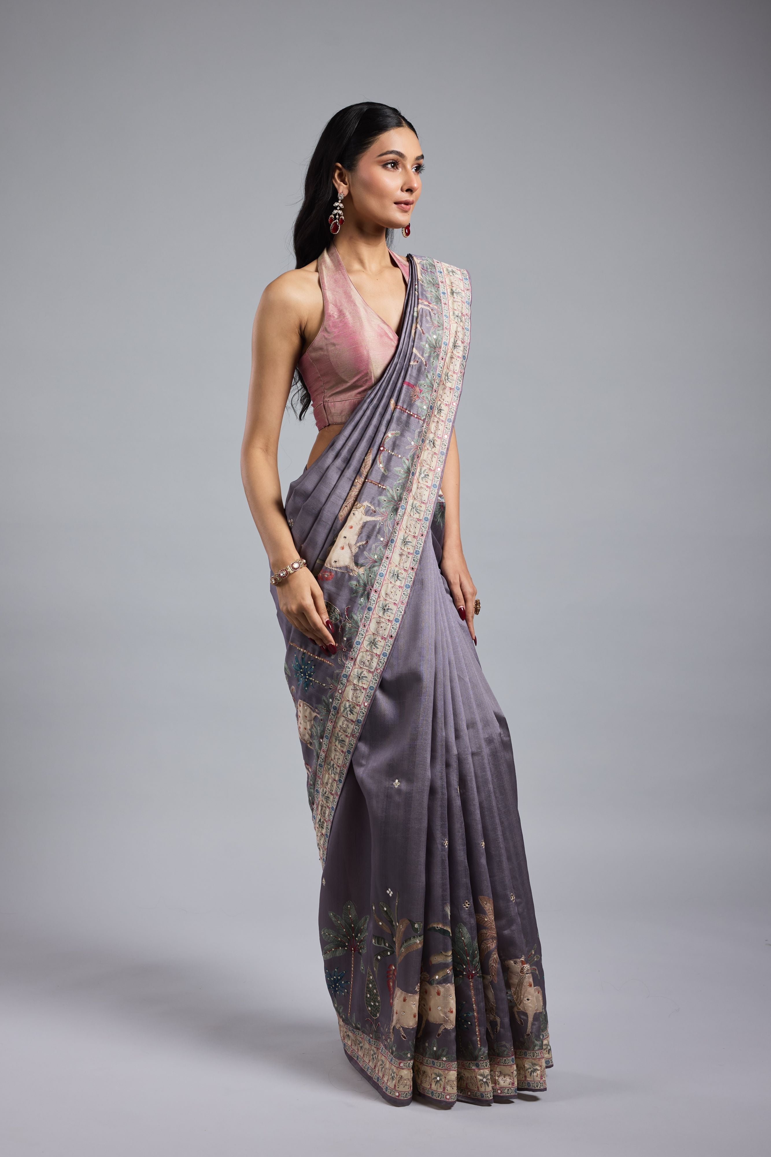 Light Purple Printed Bhagalpuri Tussar Silk Saree