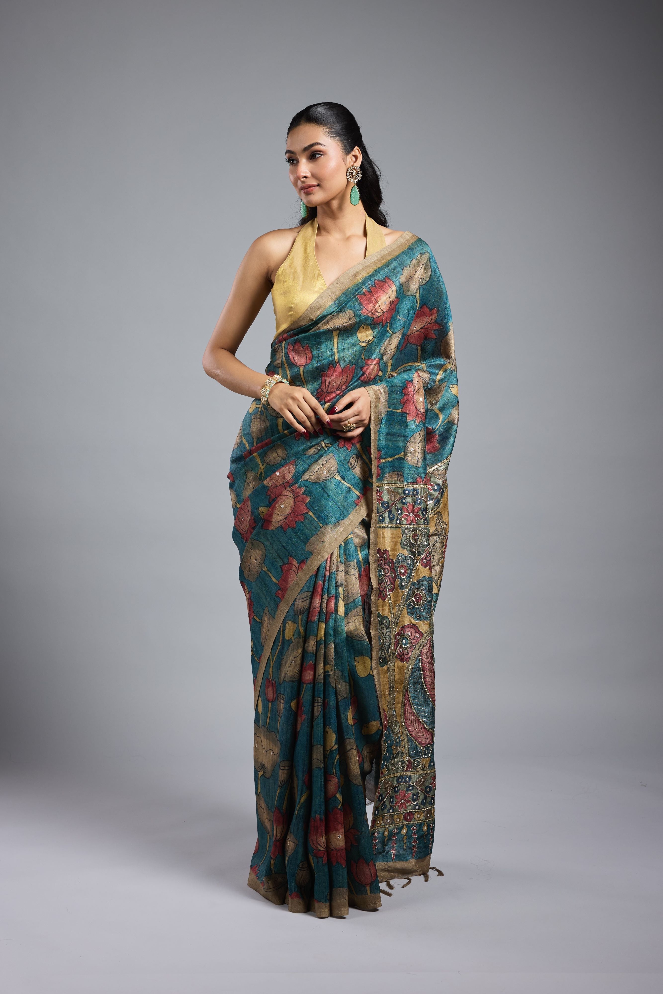 Olive Green Bhagalpuri Tussar Silk Saree