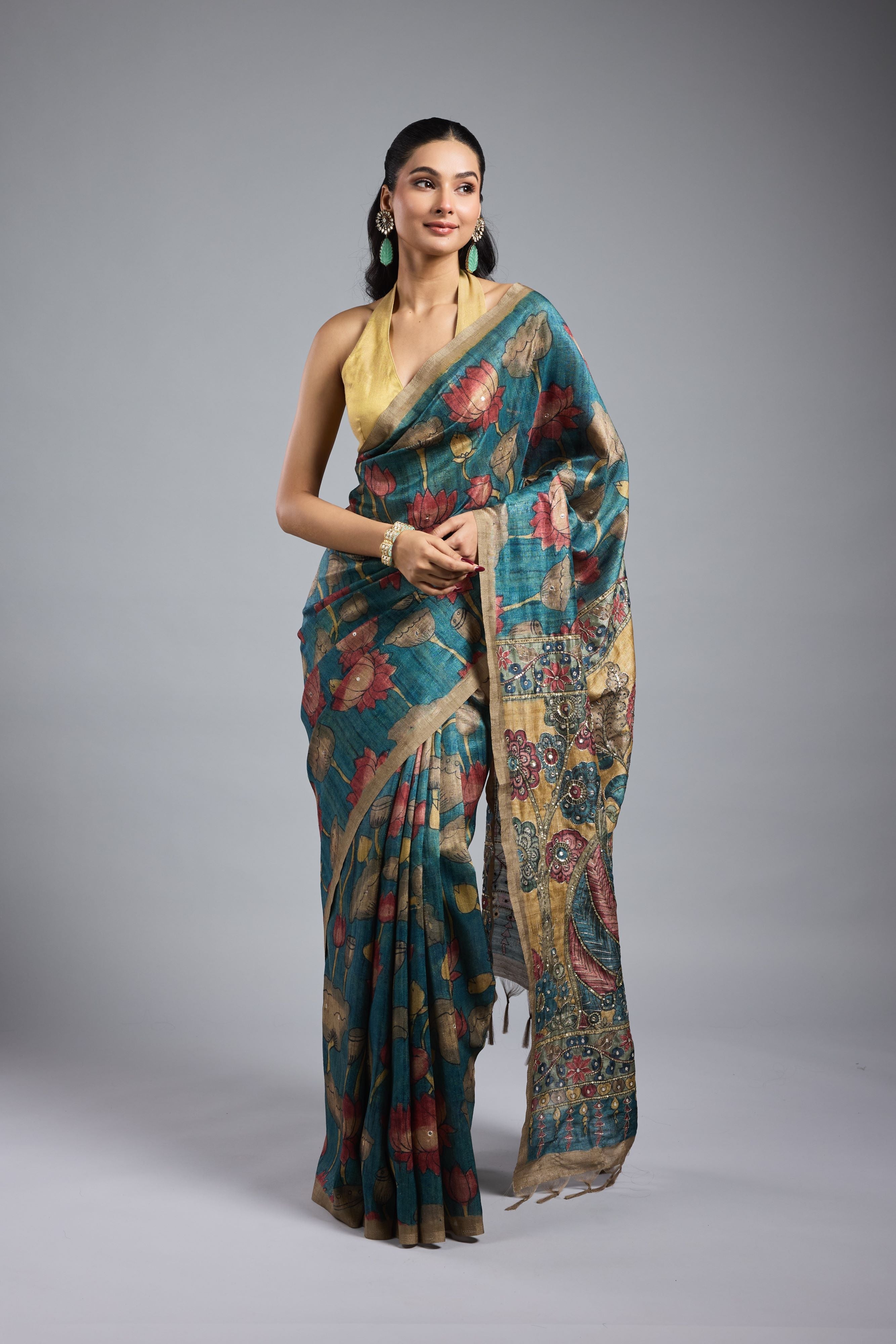 Olive Green Bhagalpuri Tussar Silk Saree