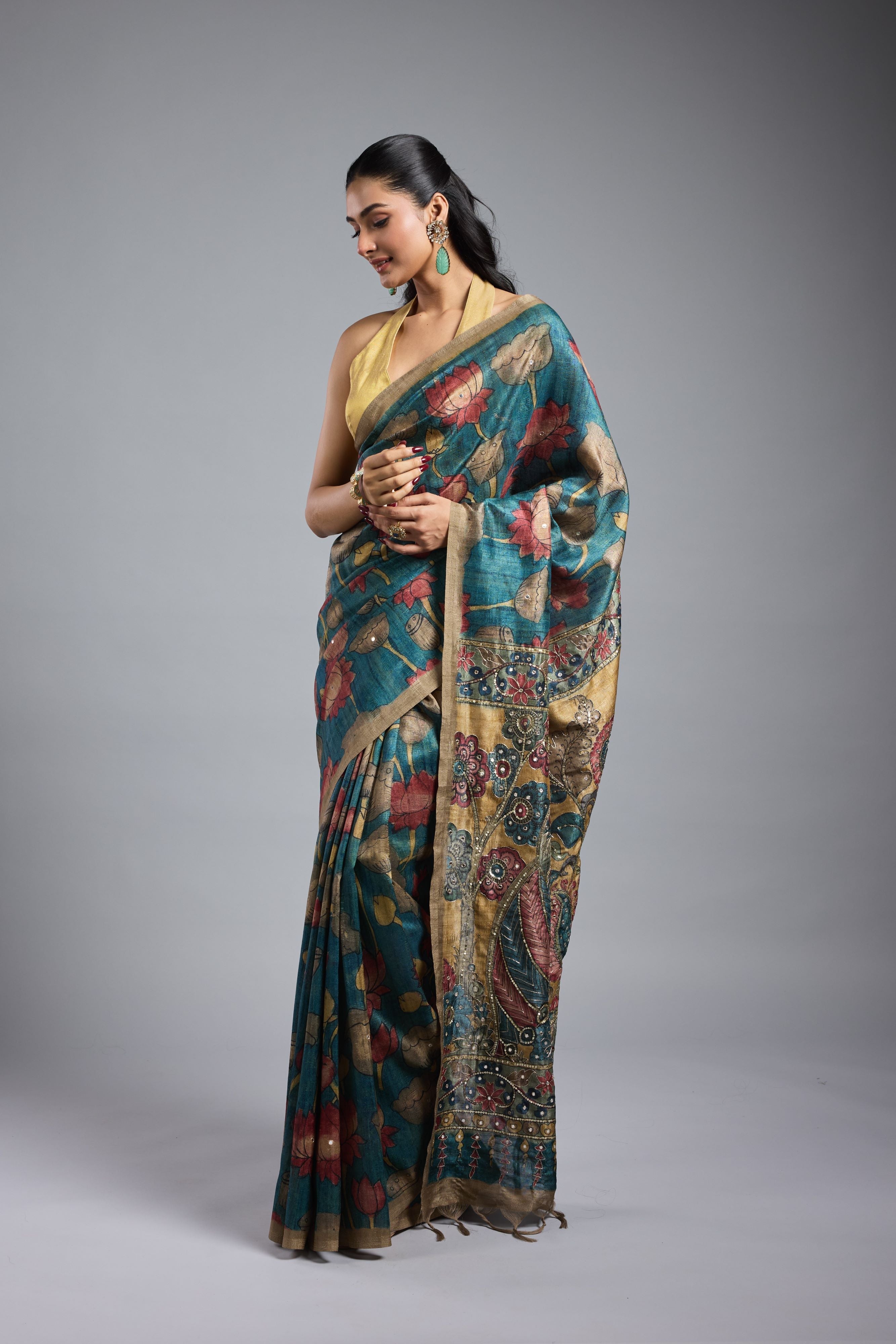 Olive Green Bhagalpuri Tussar Silk Saree