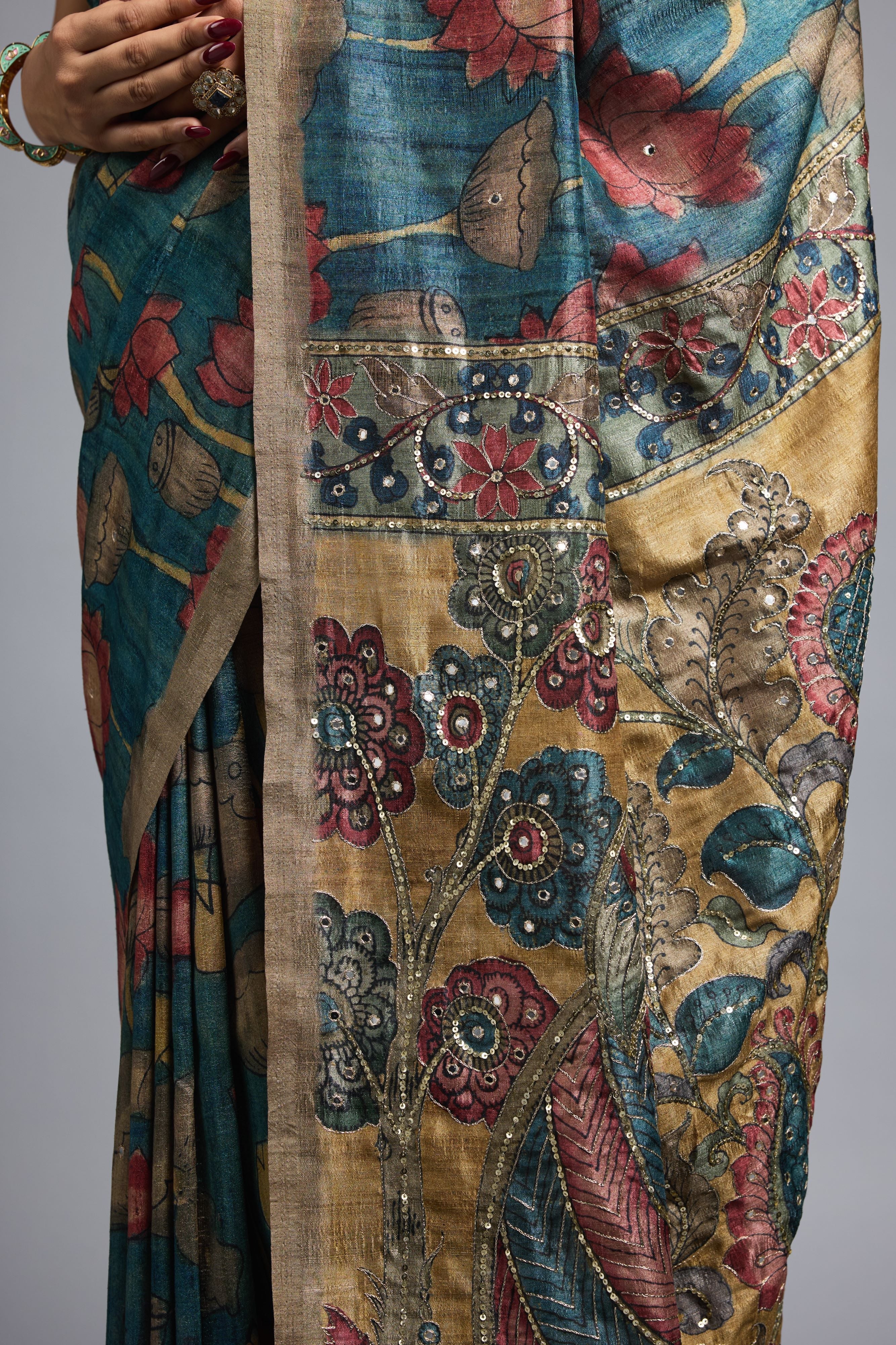 Olive Green Bhagalpuri Tussar Silk Saree